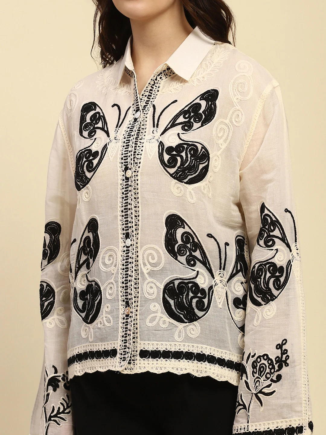 Cream & Black Embroidered Cotton Shirt - Image 10