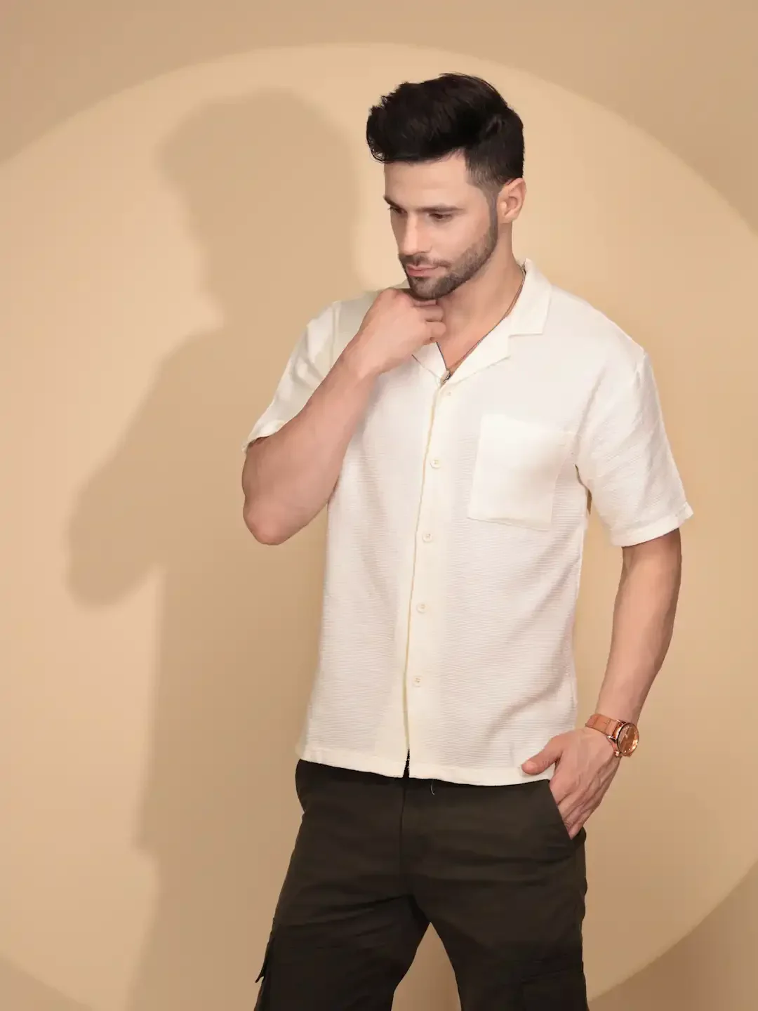 Cream Cotton Regular Fit Shirt For Mens - Image 10