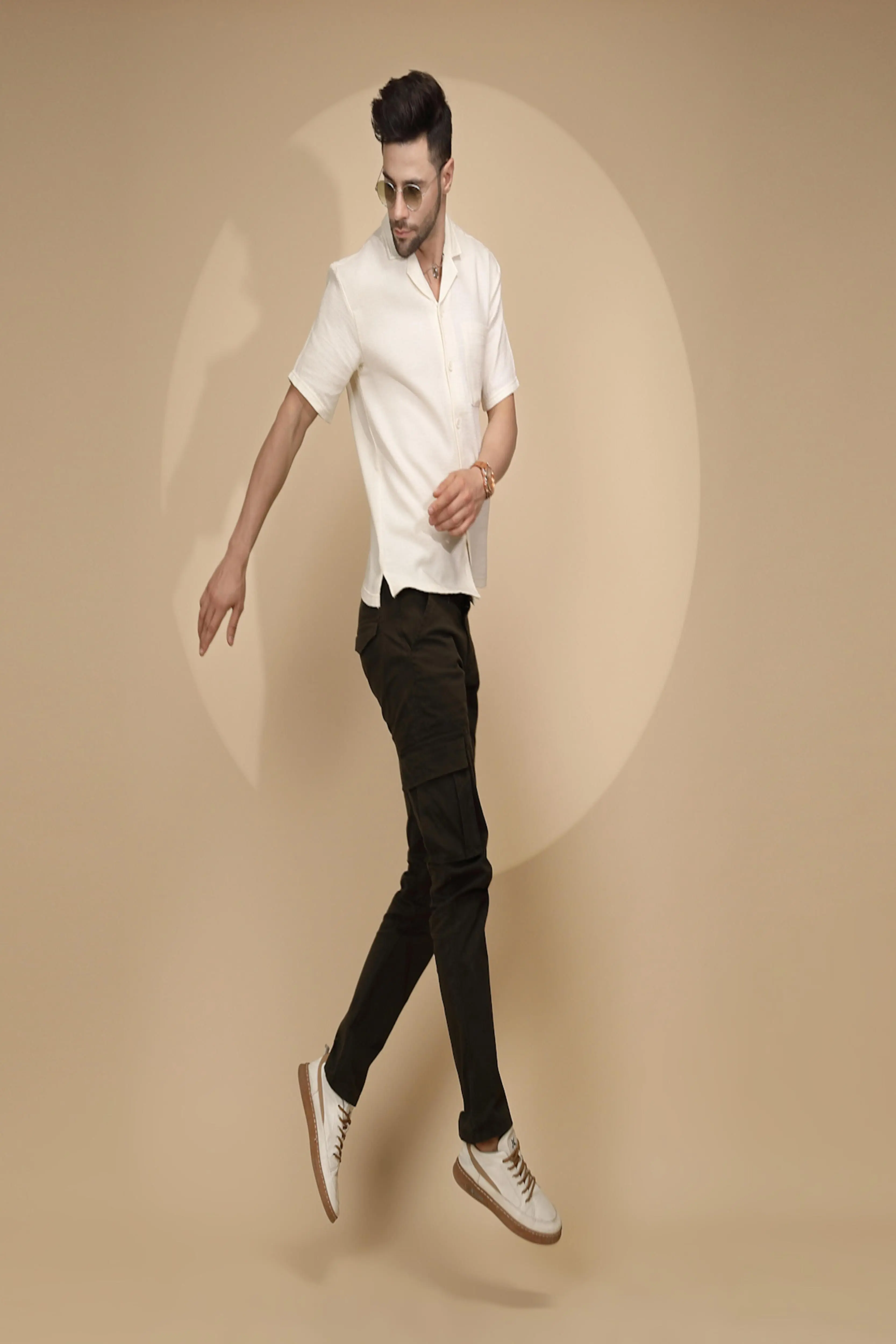 Cream Cotton Regular Fit Shirt For Mens - Image 8