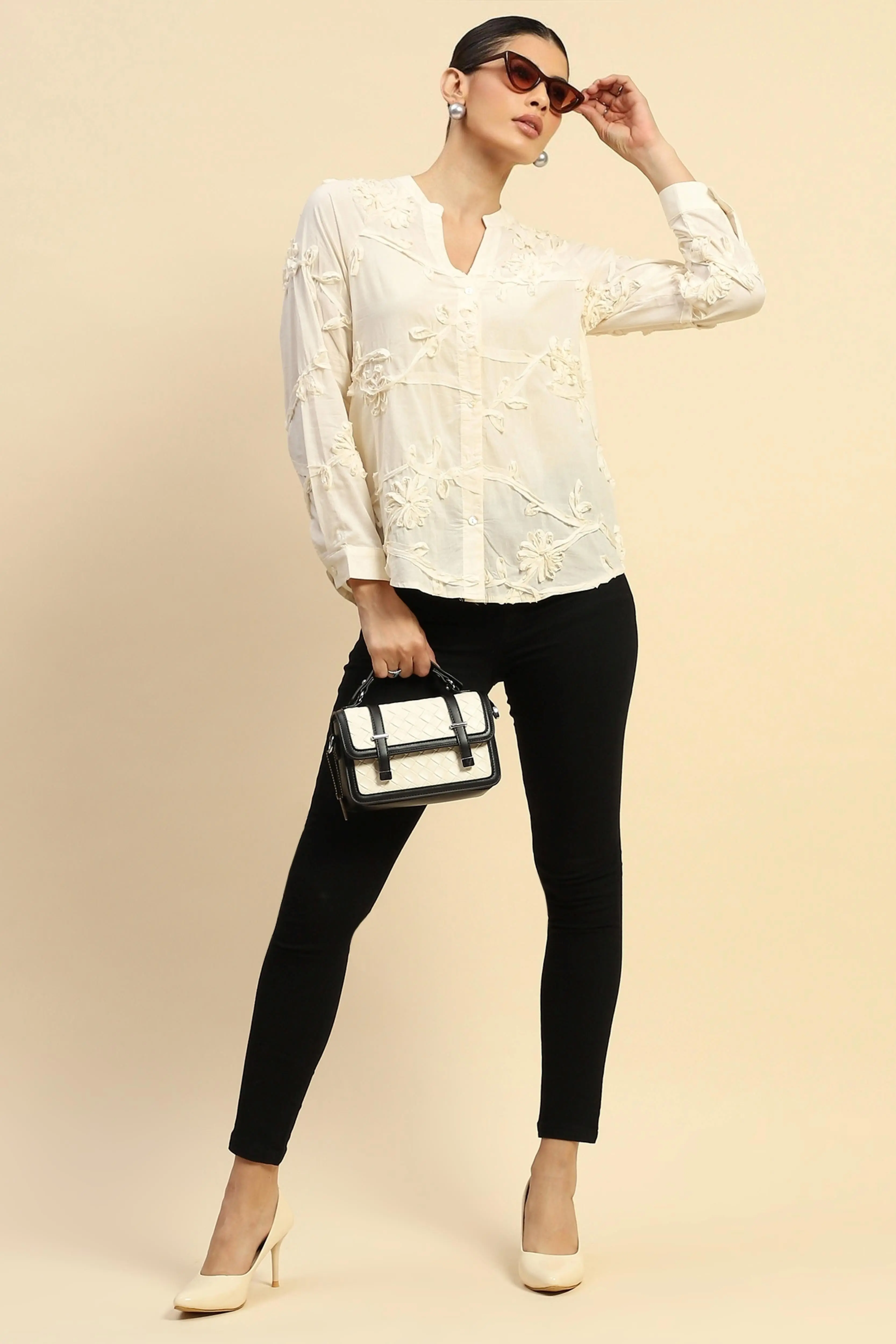 Cream Cotton Relaxed Fit Shirt - Image 6