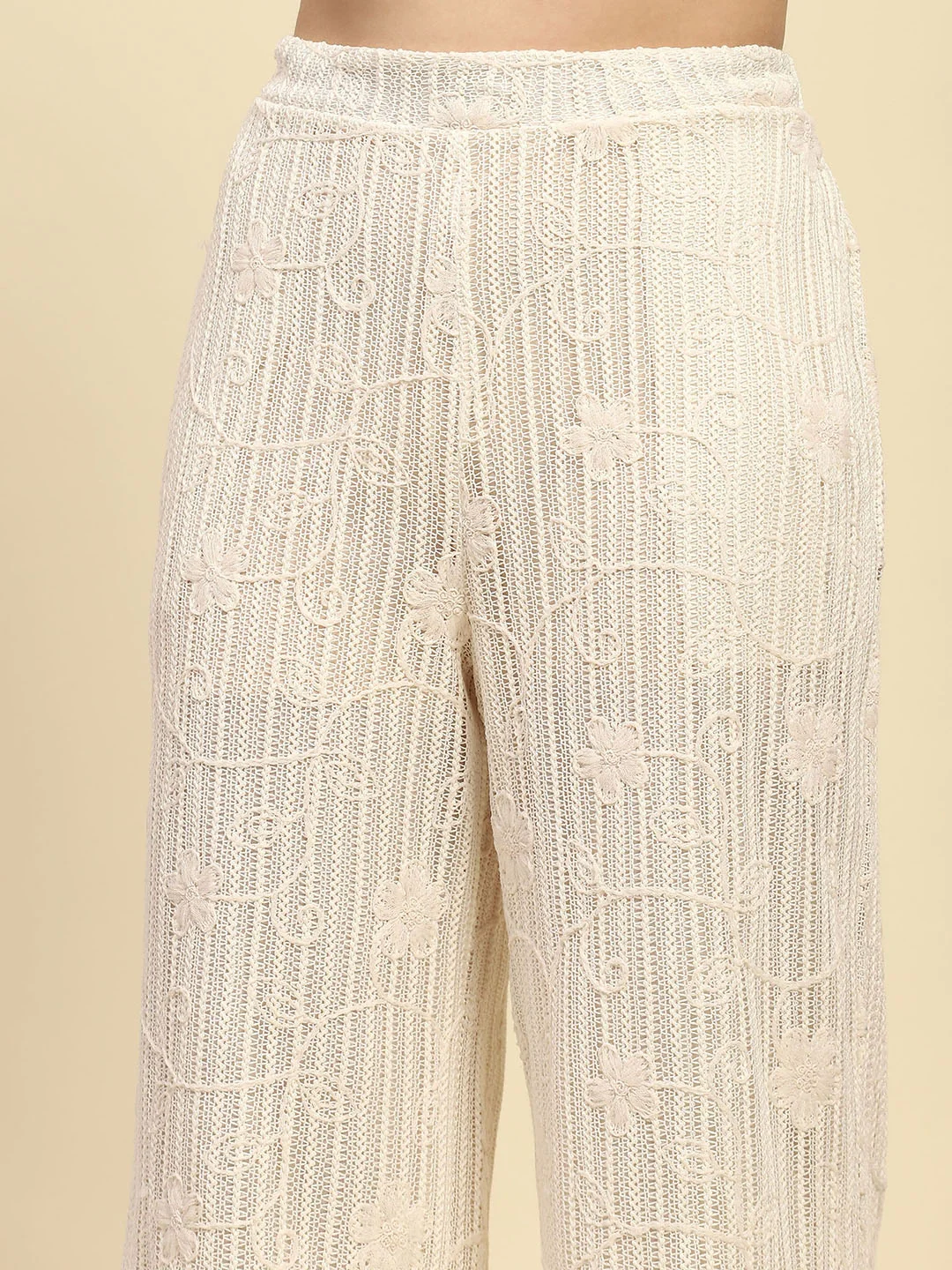 Cream Embroidered Cotton Relaxed Lower - Image 11