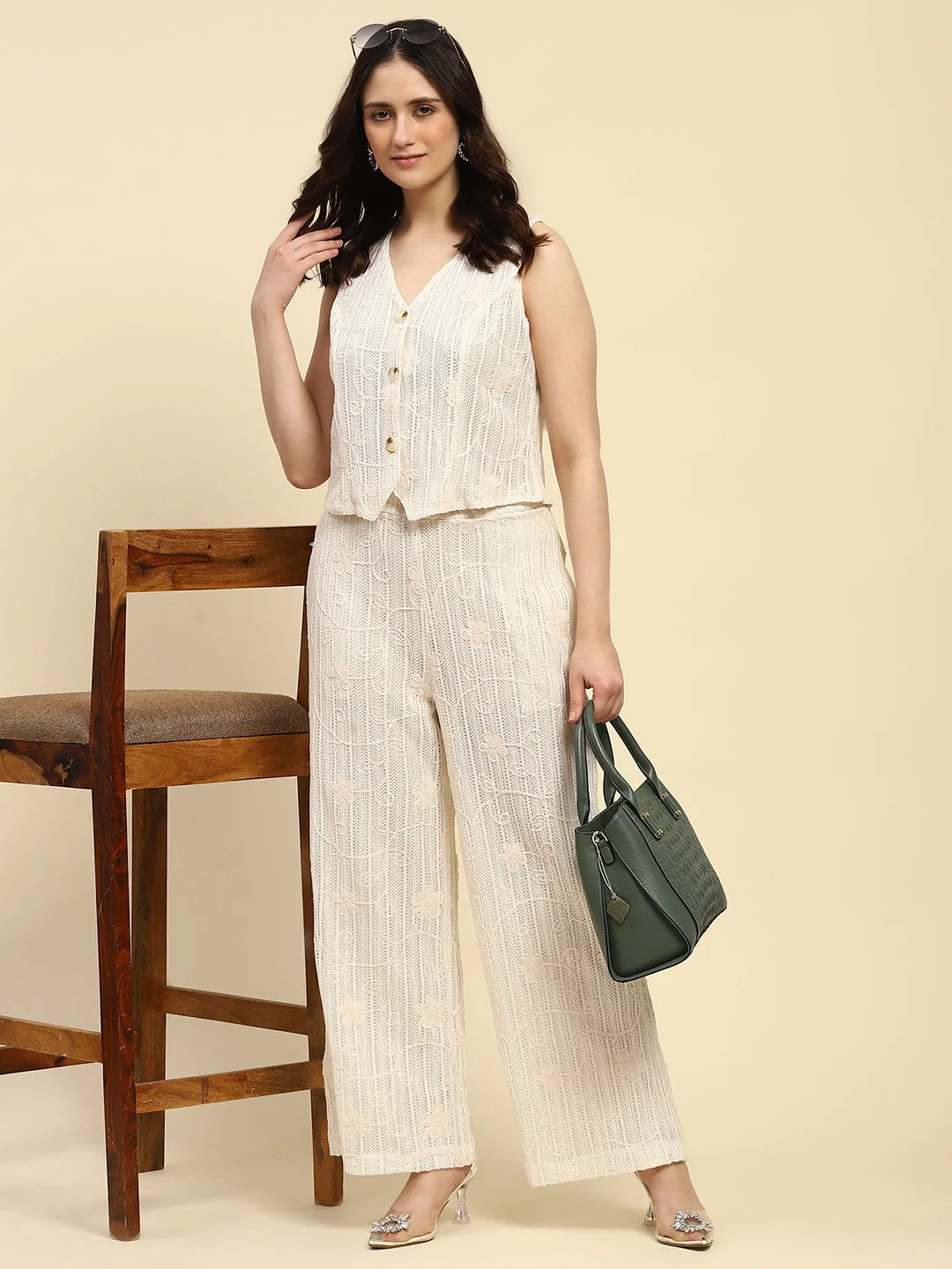 Cream Embroidered Cotton Relaxed Lower - Image 12