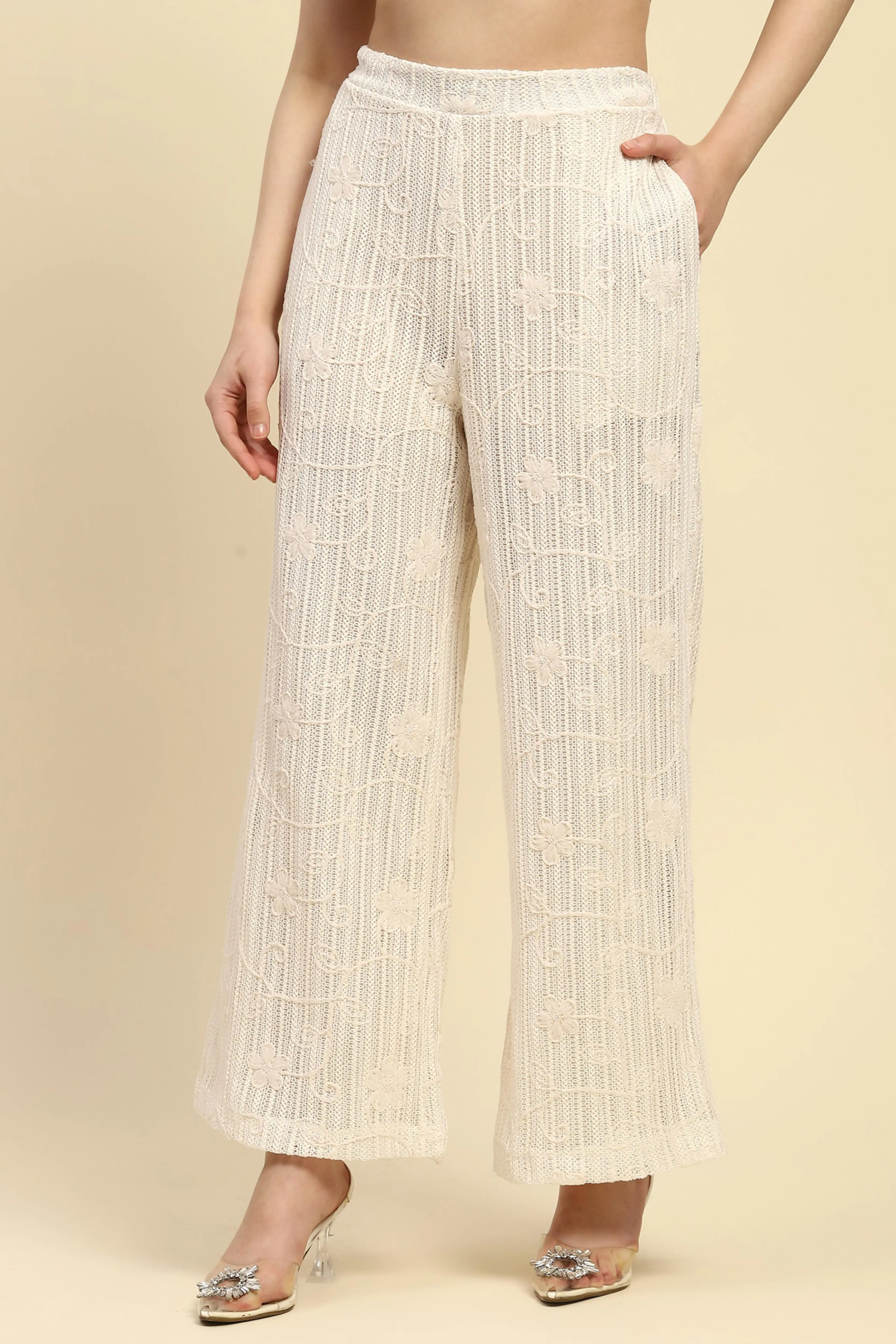 Cream Embroidered Cotton Relaxed Lower - Image 2