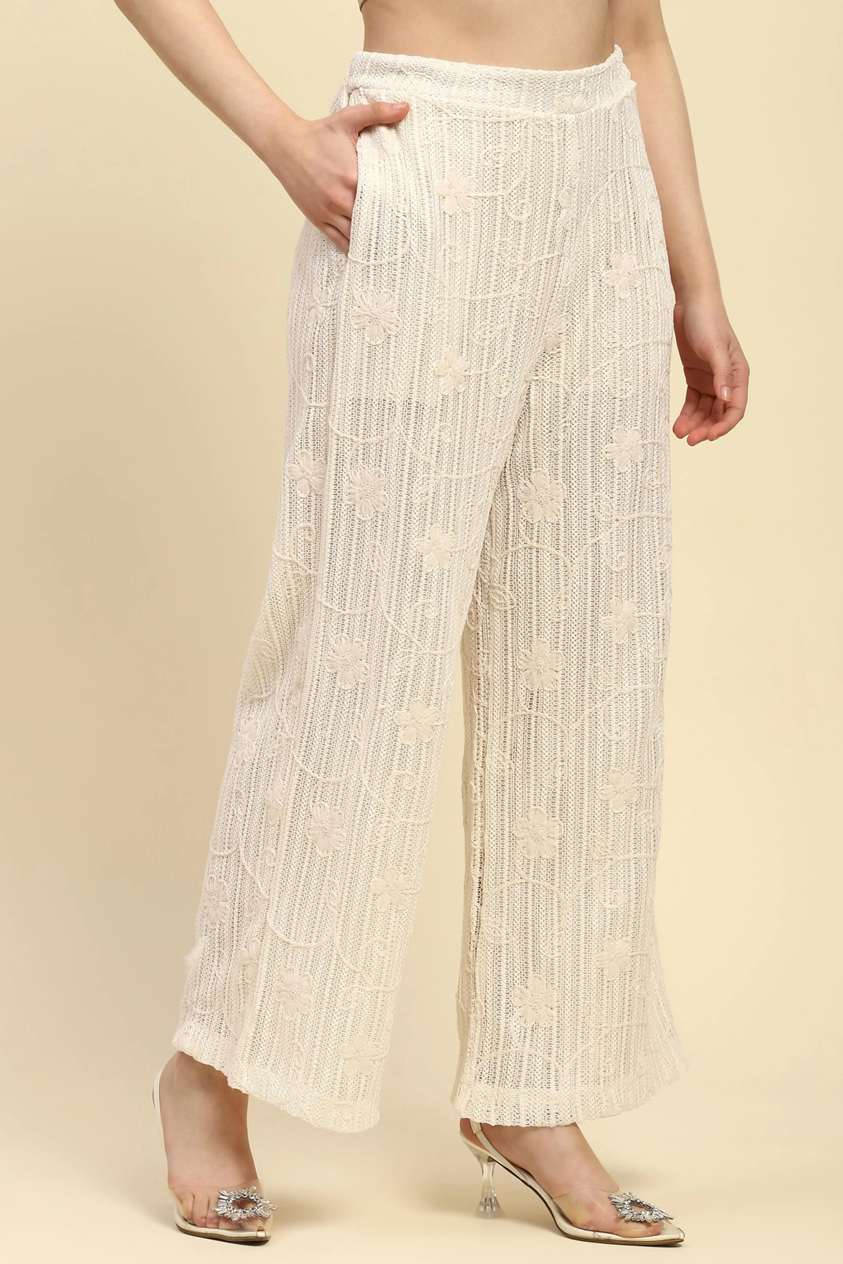 Cream Embroidered Cotton Relaxed Lower - Image 3