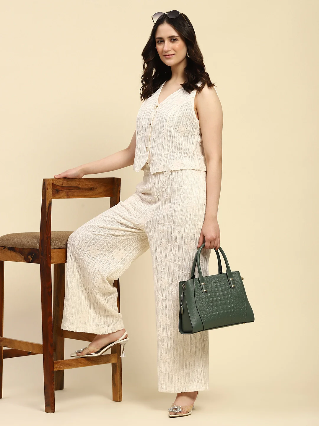 Cream Embroidered Cotton Waist Coat - Image 8