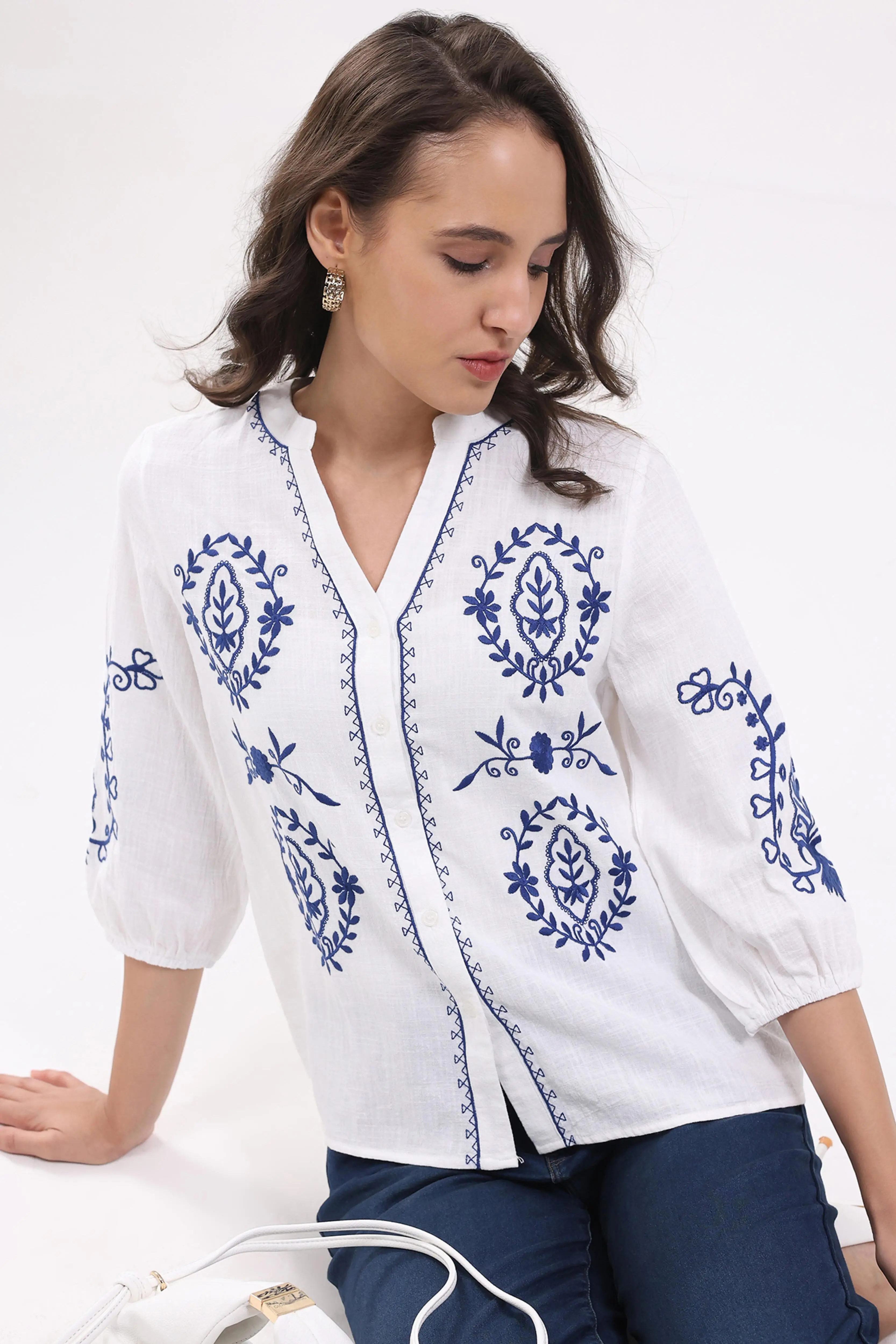 White & Navy Embroidered Shirt
