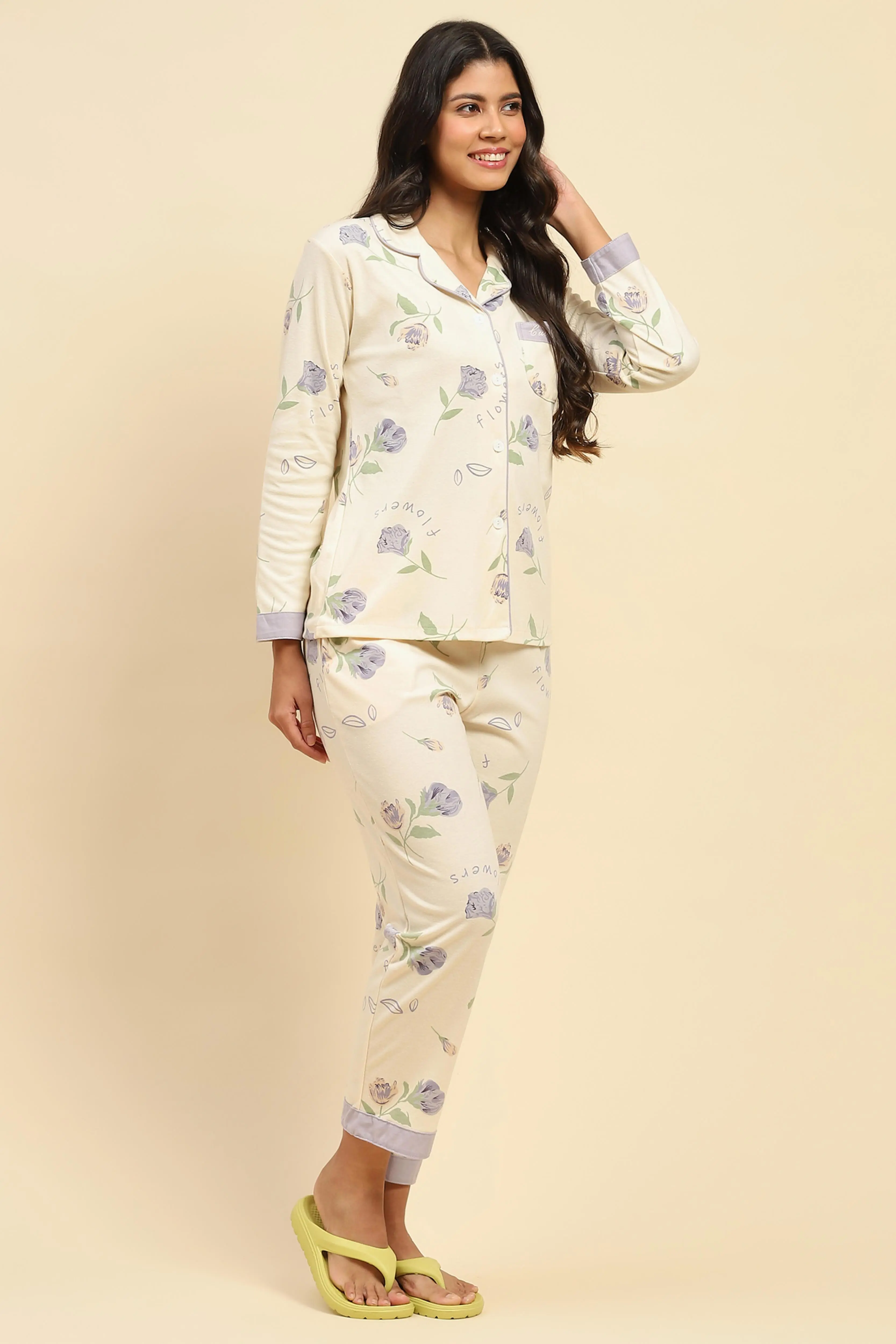 Cream Floral Cotton Blend Nightsuit - Image 3