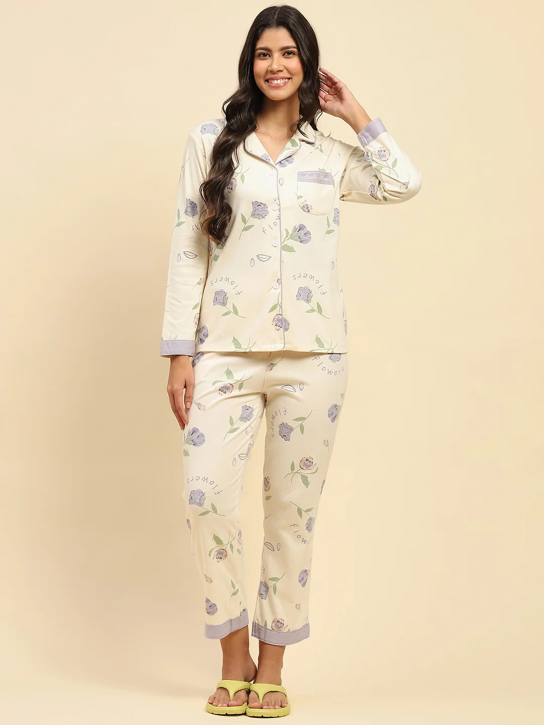 Cream Floral Cotton Blend Nightsuit - Image 8