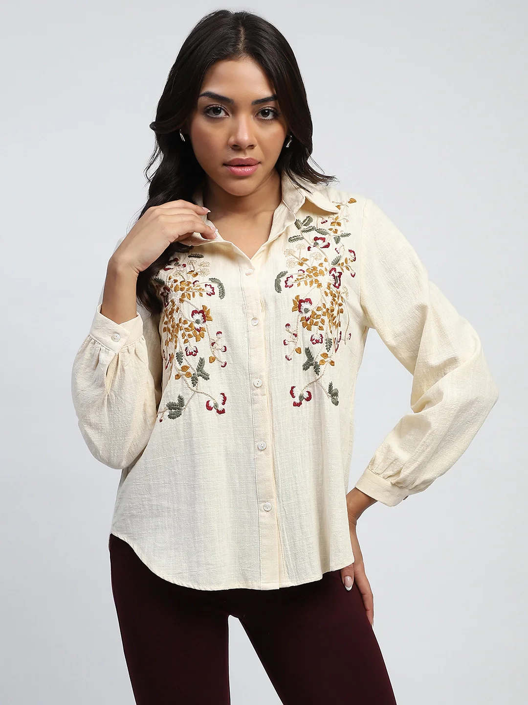 Cream Floral Embroidered Cotton Shirt - Image 6
