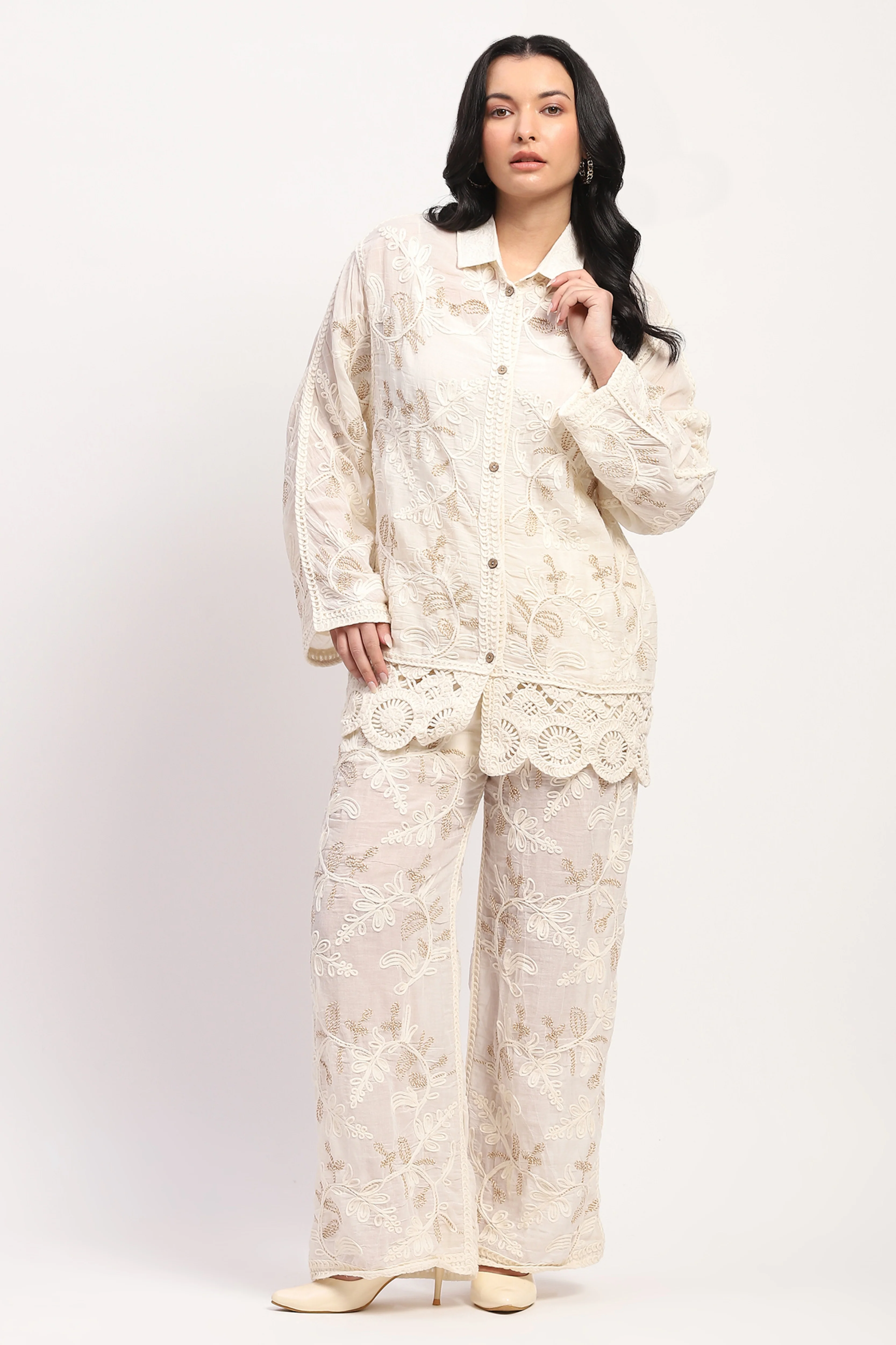 Cream Floral Embroidered Set - Image 8