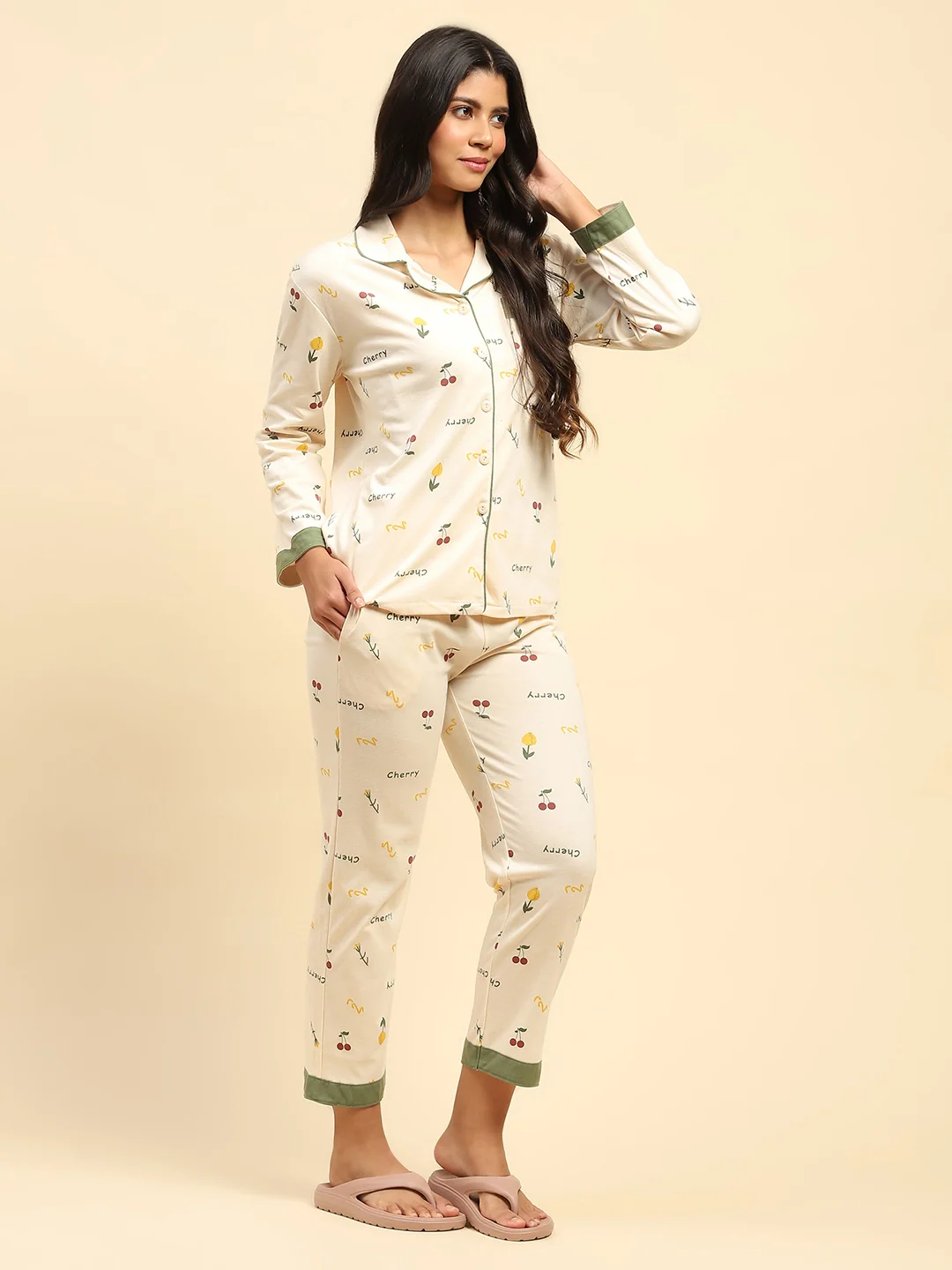 Cream Typography Cotton Blend Nightsuit - Image 10