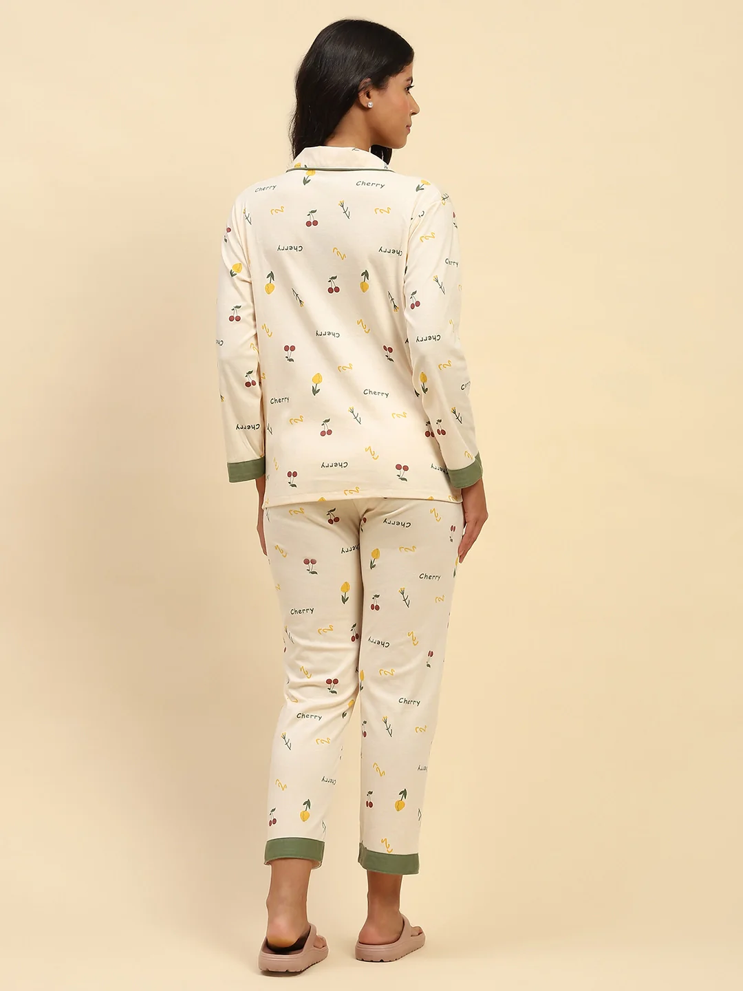 Cream Typography Cotton Blend Nightsuit - Image 13