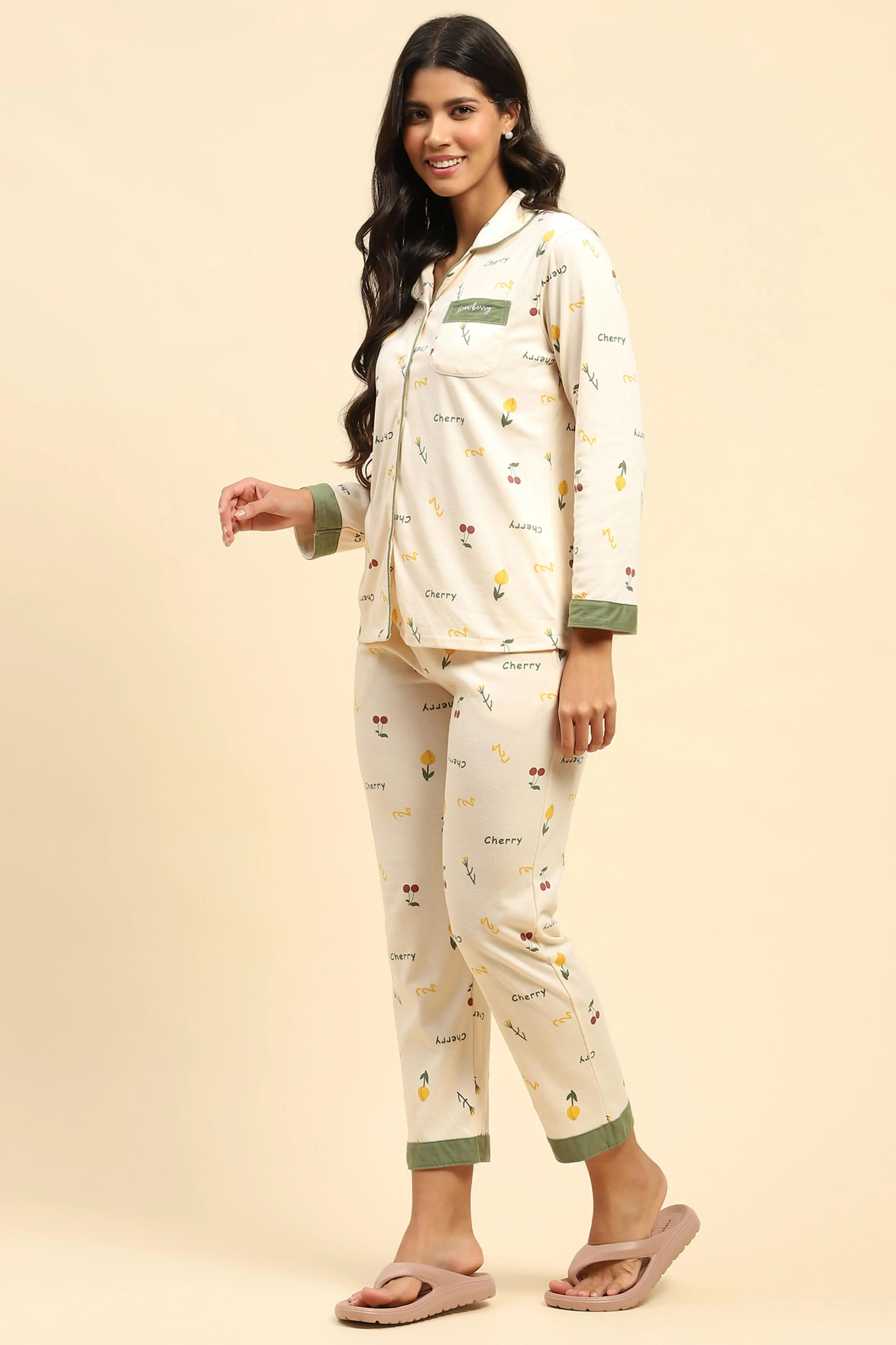 Cream Typography Cotton Blend Nightsuit - Image 2