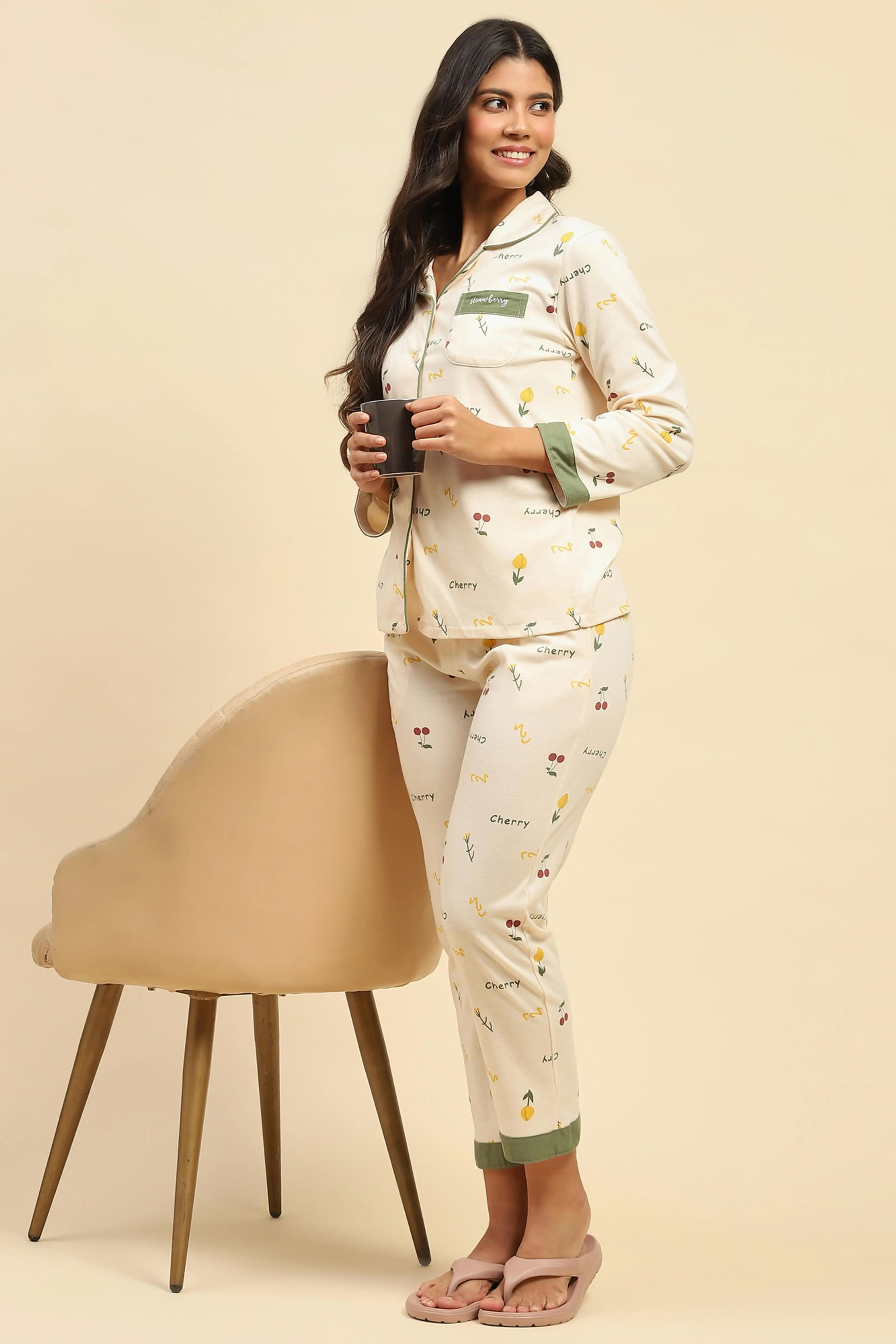 Cream Typography Cotton Blend Nightsuit - Image 6