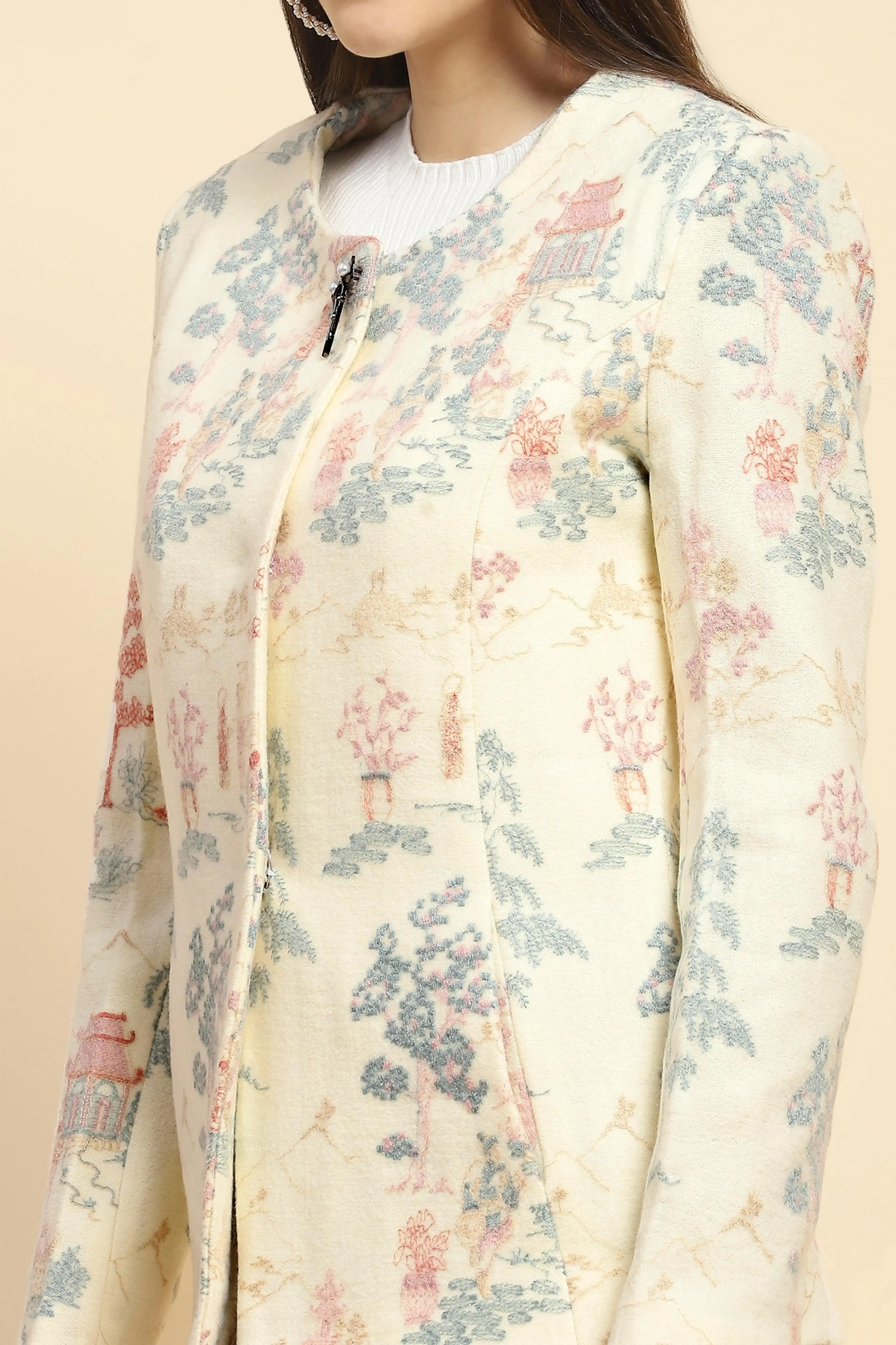 Cream Acrylic Embroidered Winter Coat - Image 5