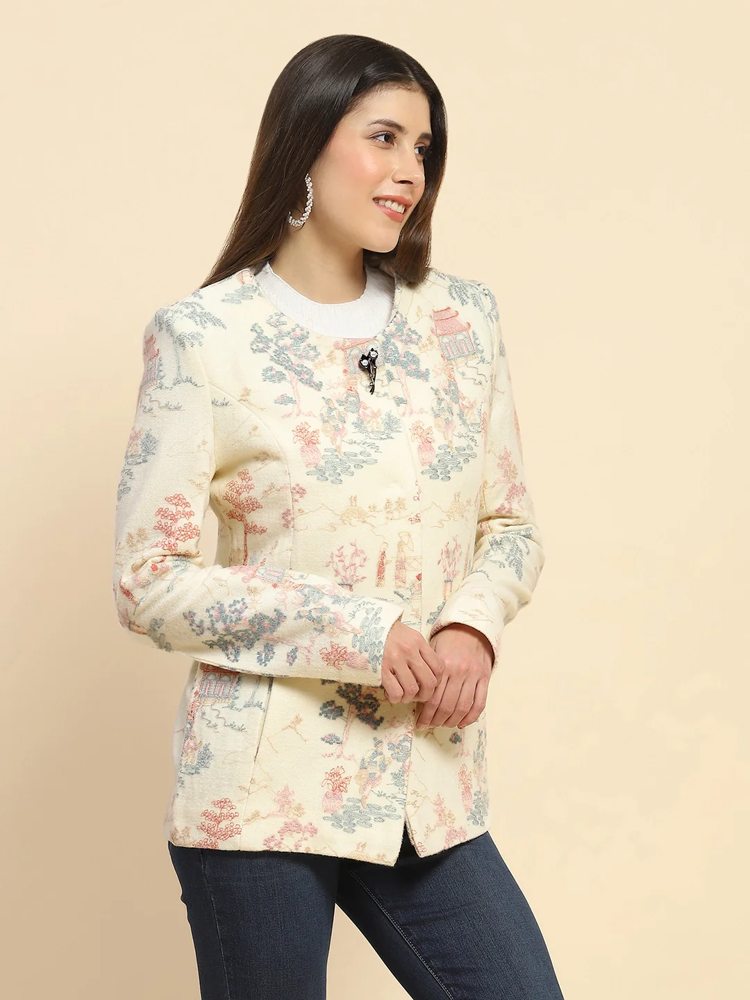 Cream Acrylic Embroidered Winter Coat - Image 9