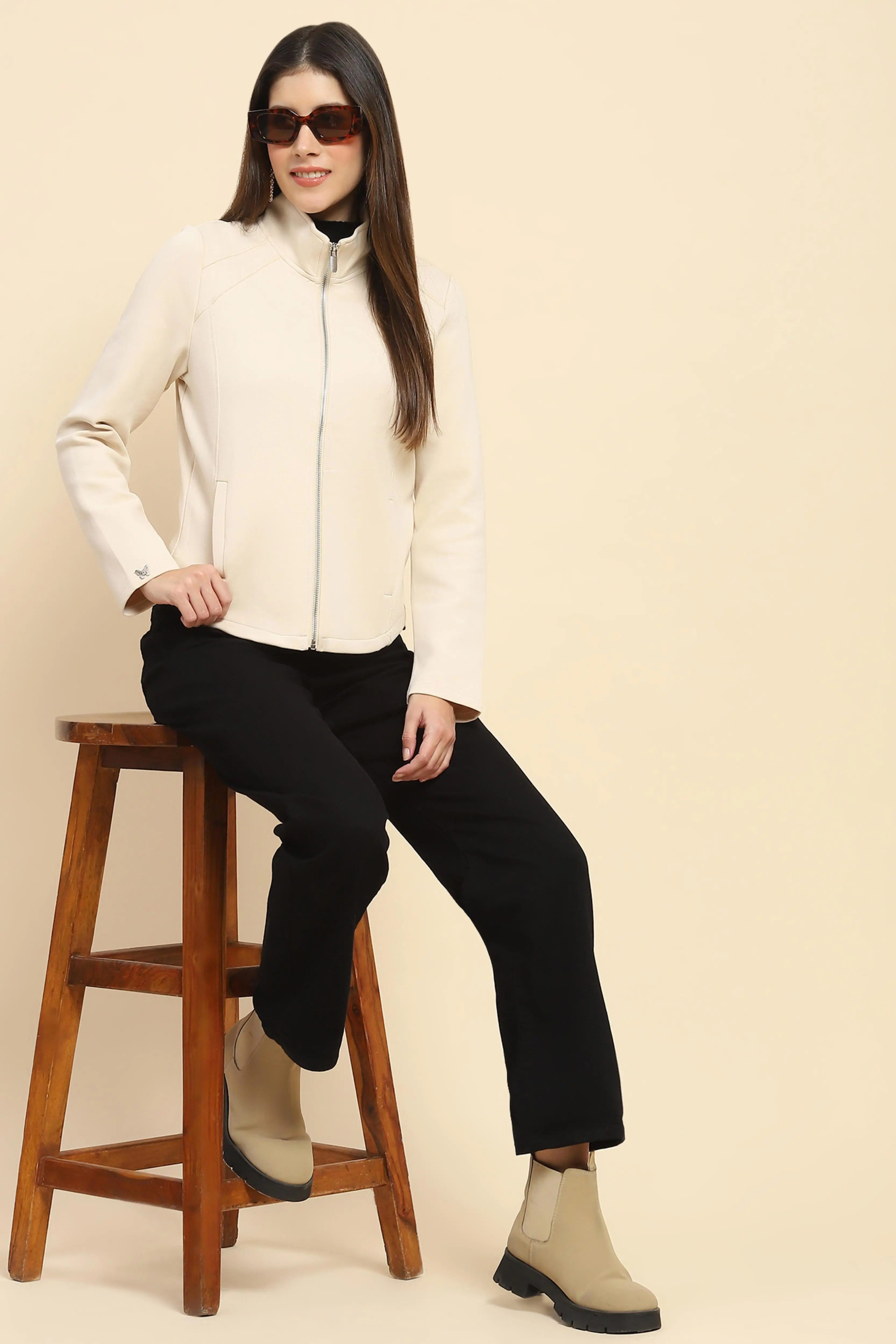 Cream Solid Sweatshirt - Image 6