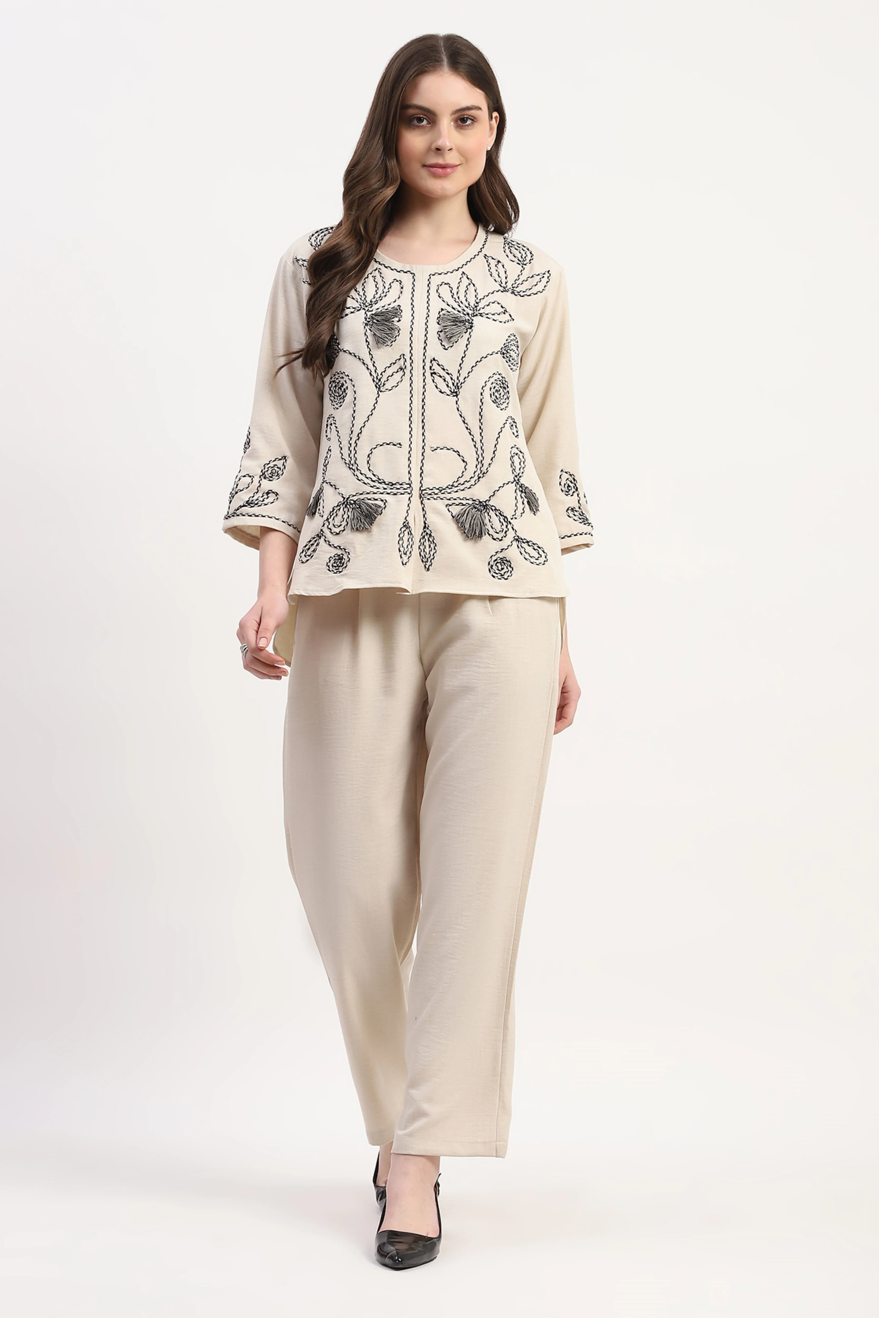 Cream Rayon Blend Embroidered Co-ord Set - Image 6