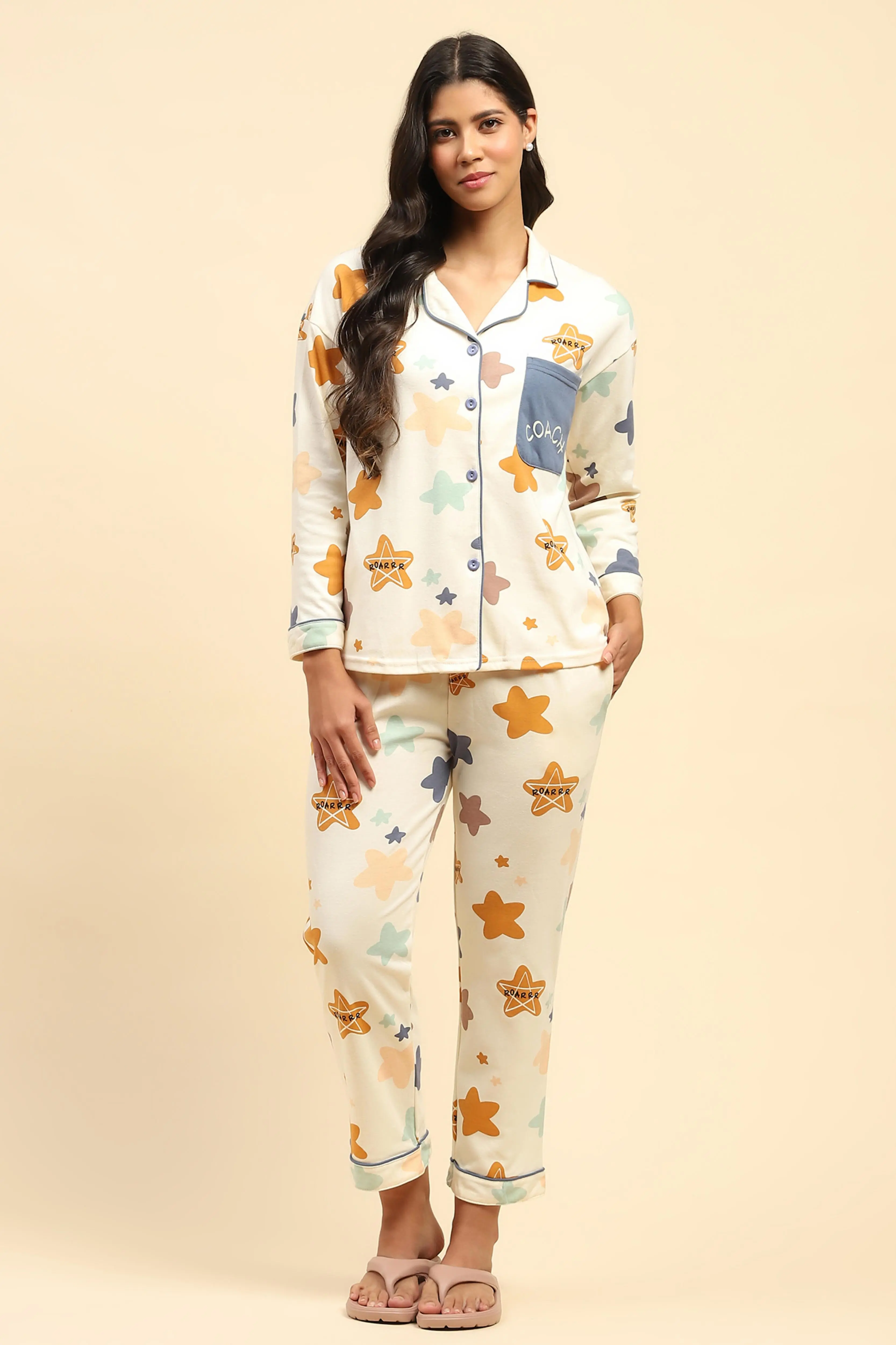 Cream Printed Cotton Blend Nightsuit