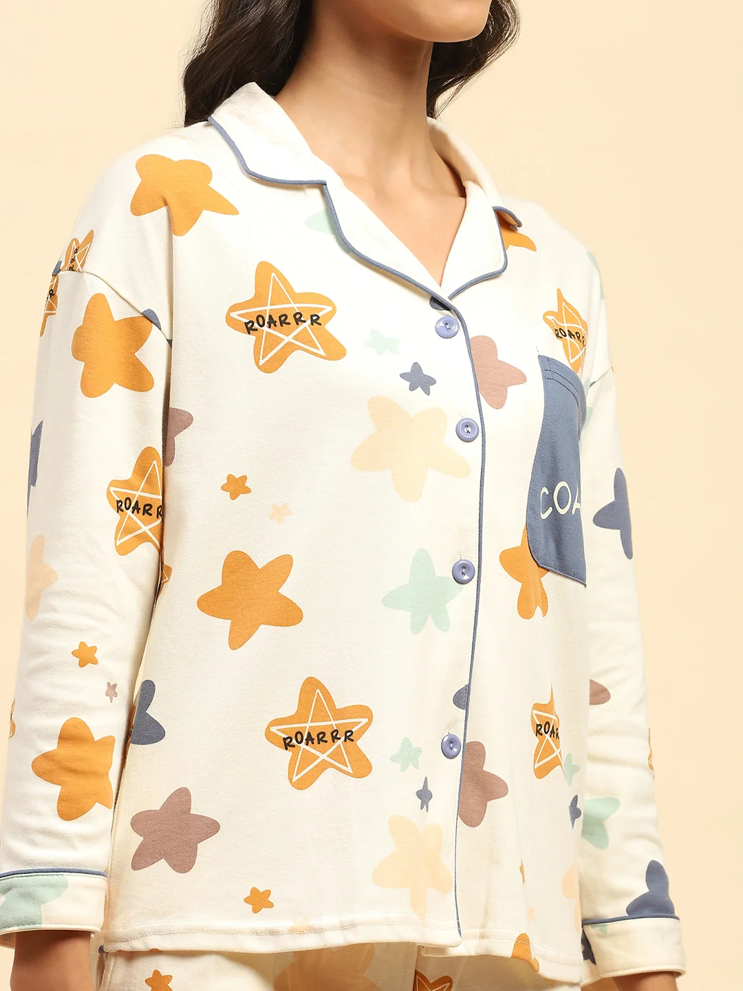 Cream Printed Cotton Blend Nightsuit - Image 11