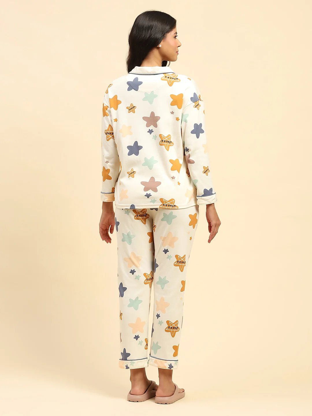 Cream Printed Cotton Blend Nightsuit - Image 13