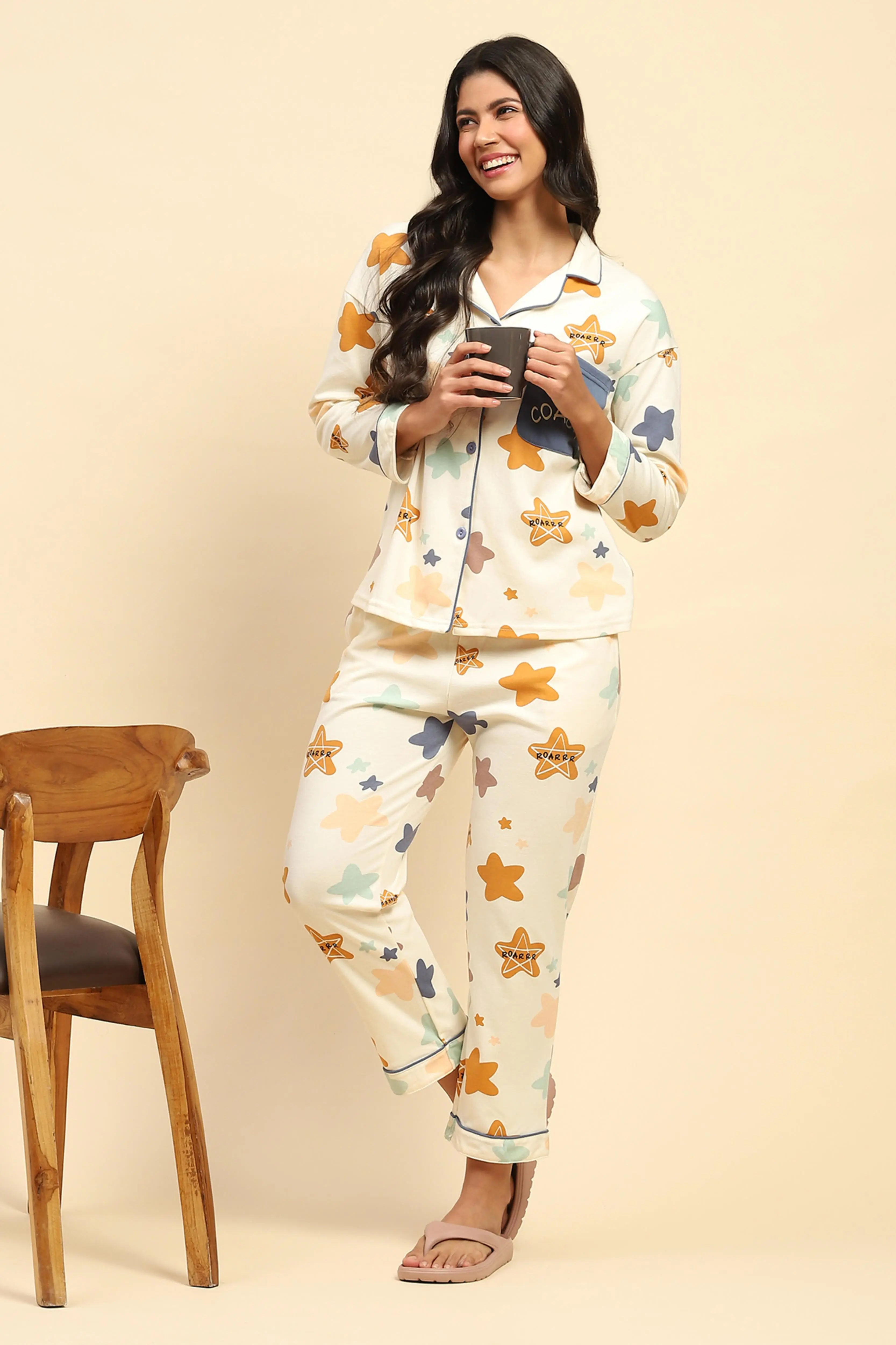 Cream Printed Cotton Blend Nightsuit - Image 6