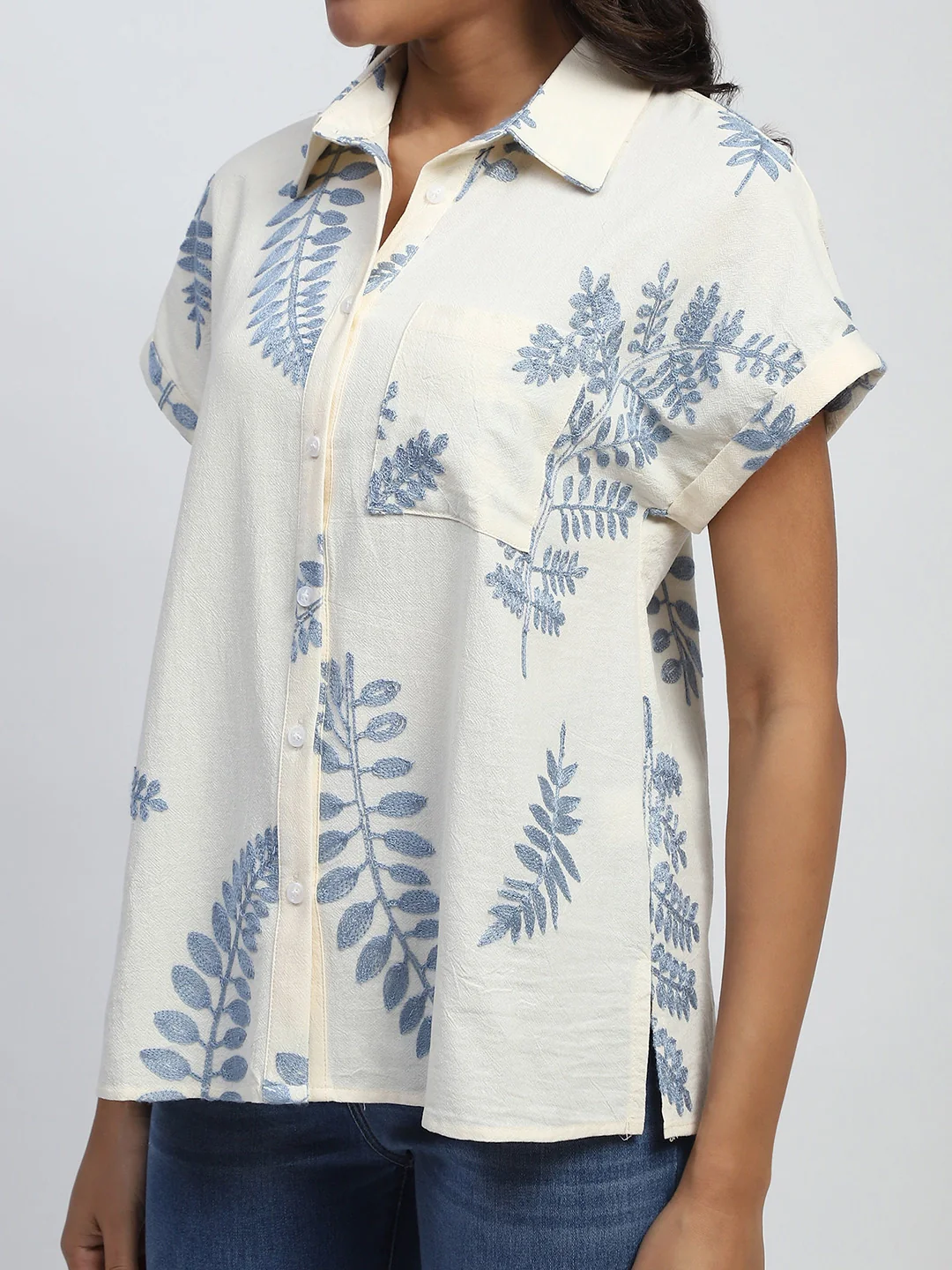 Cream Thread Embroidered Cotton Shirt - Image 11