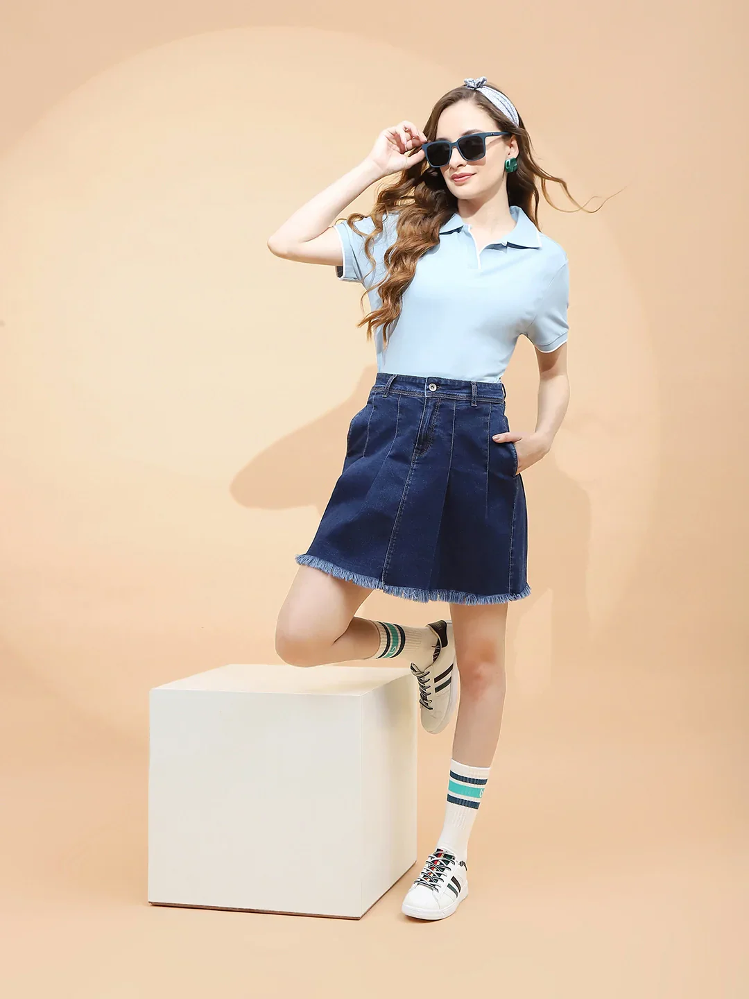 Blue Cotton Blend Regular Fit Skirt - Image 14