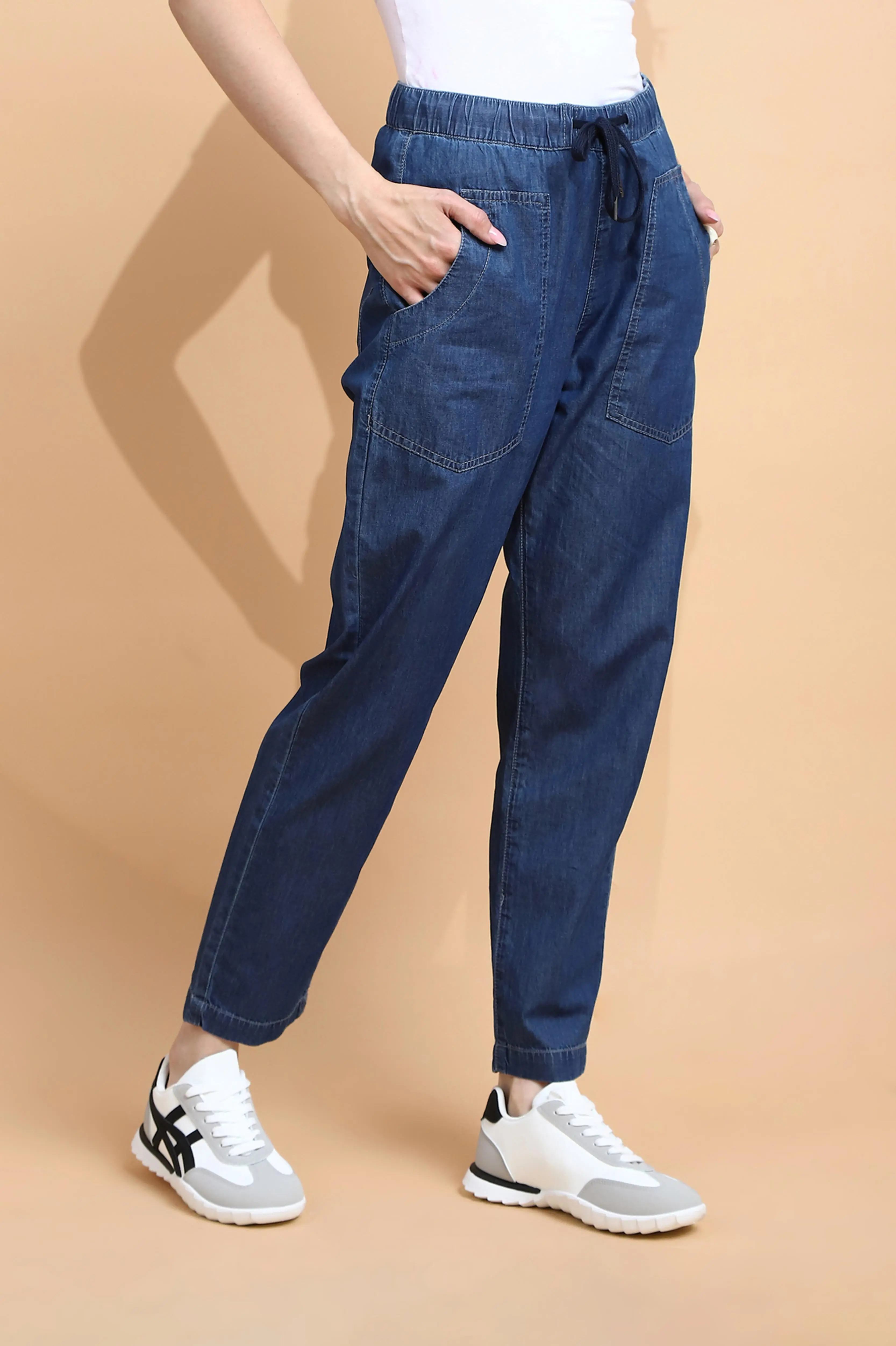 Blue Cotton Blend Loose Fit Lower - Image 3