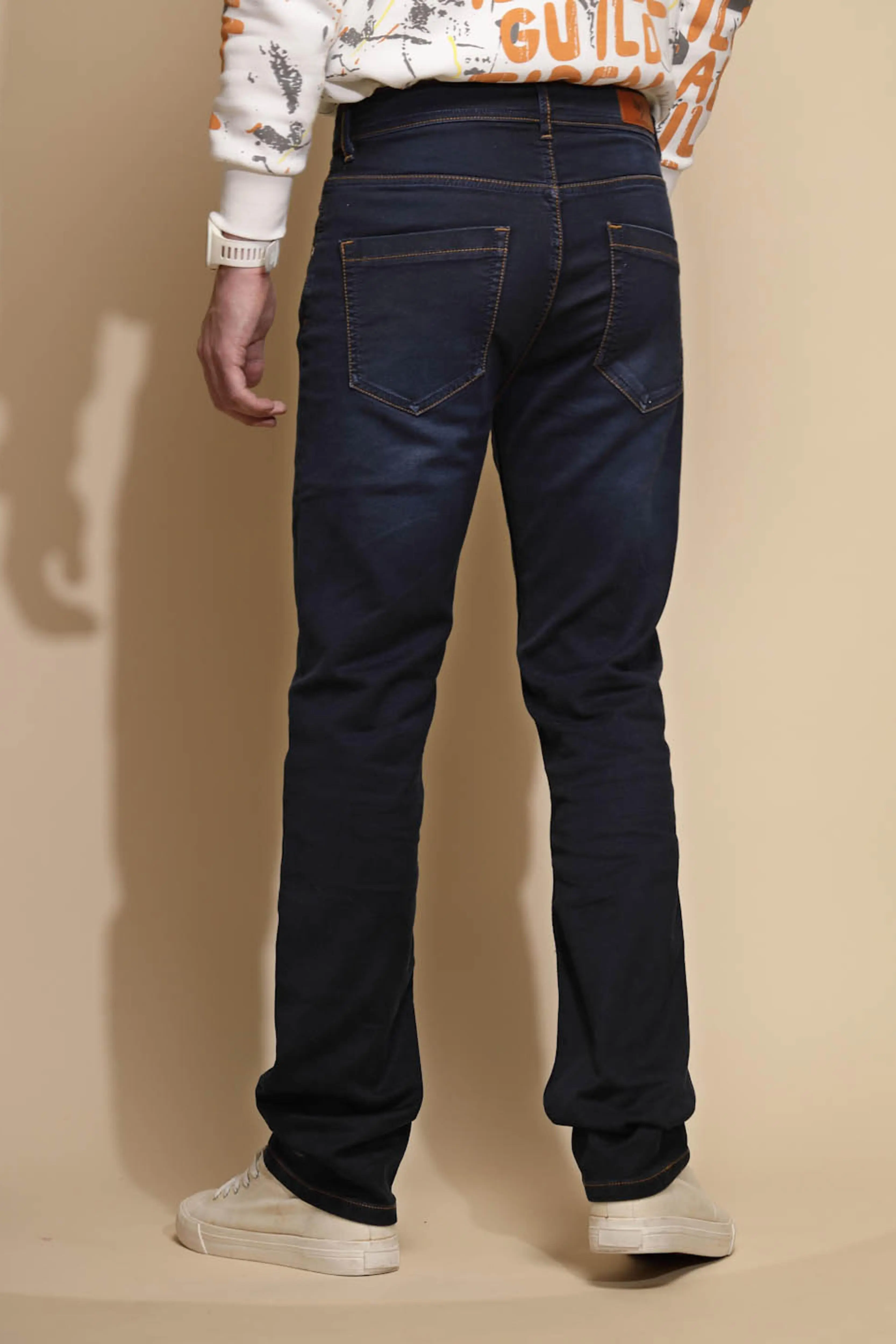 Dark Blue Solid Mid Rise Straight Fit Cotton Blend Jeans - Image 3