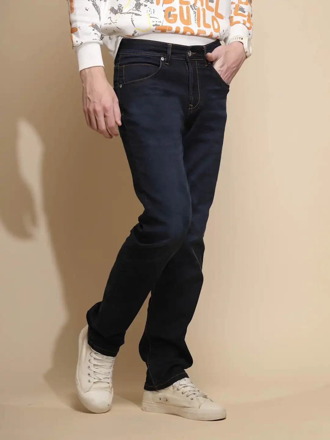 Dark Blue Solid Mid Rise Straight Fit Cotton Blend Jeans - Image 8
