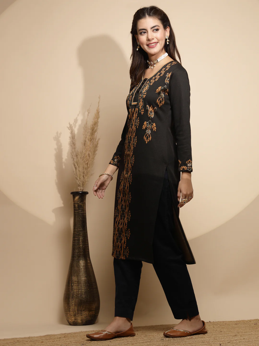 Dark Grey Printed Full Sleeve Round Neck Lycra Kurta For - Image 2