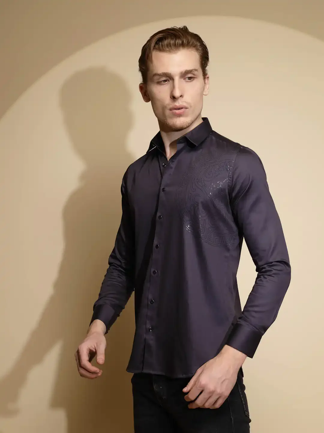 Dark Grey Solid Full Sleeve Collar Neck Cotton Blend Shirt - Image 10