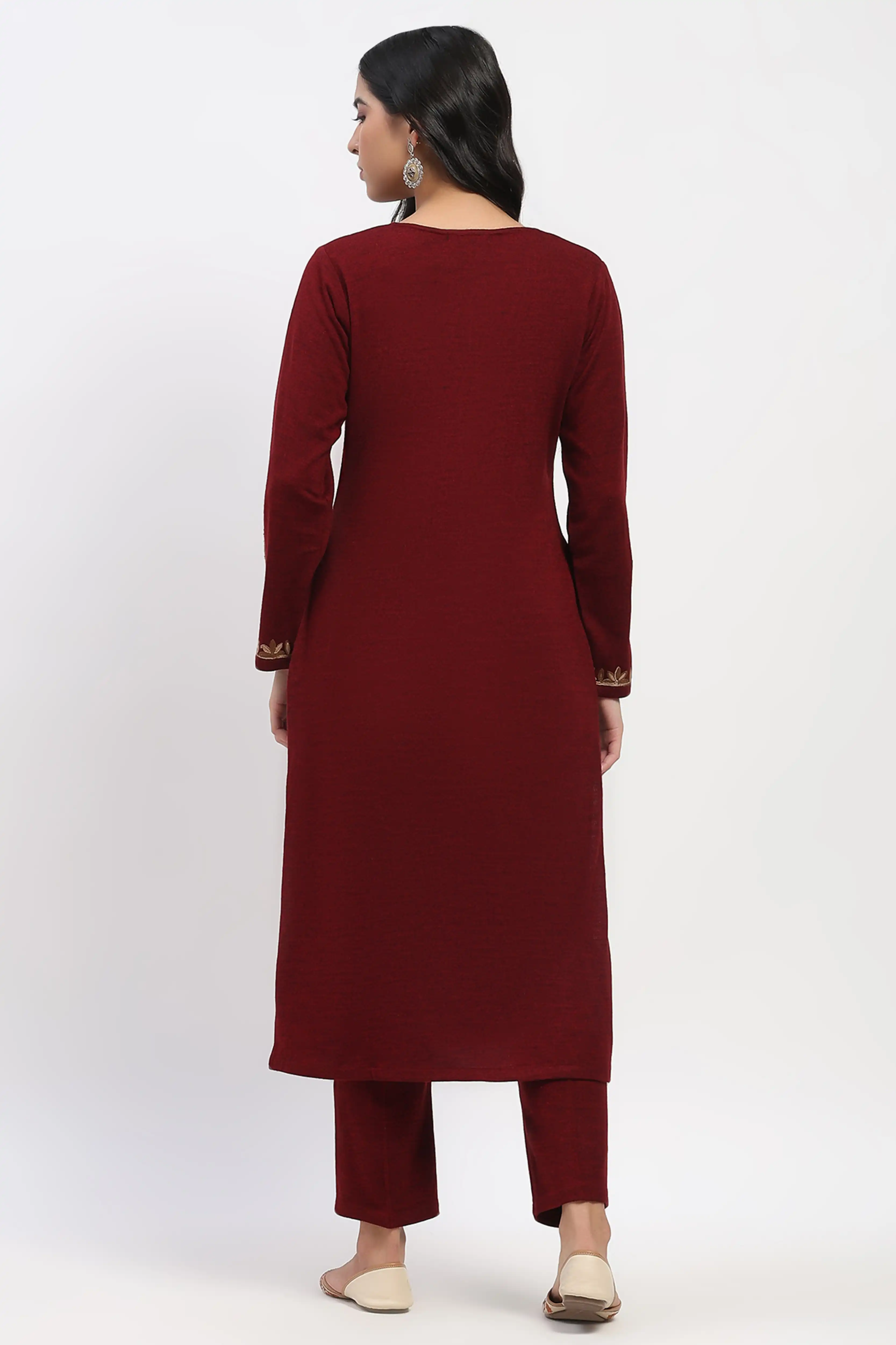 Dark Maroon Embroidered Winter Kurta - Image 5