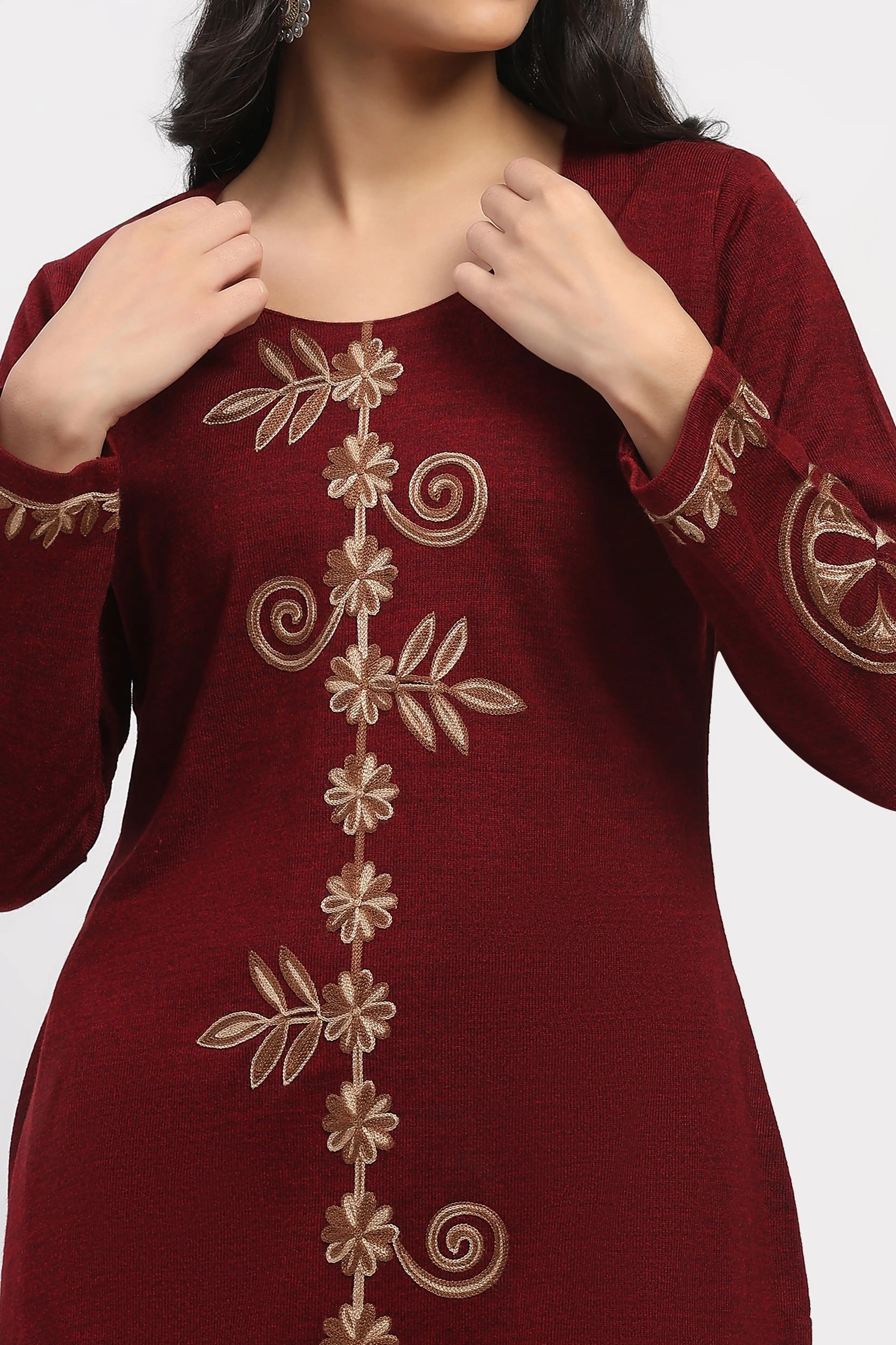 Dark Maroon Embroidered Winter Kurta - Image 6