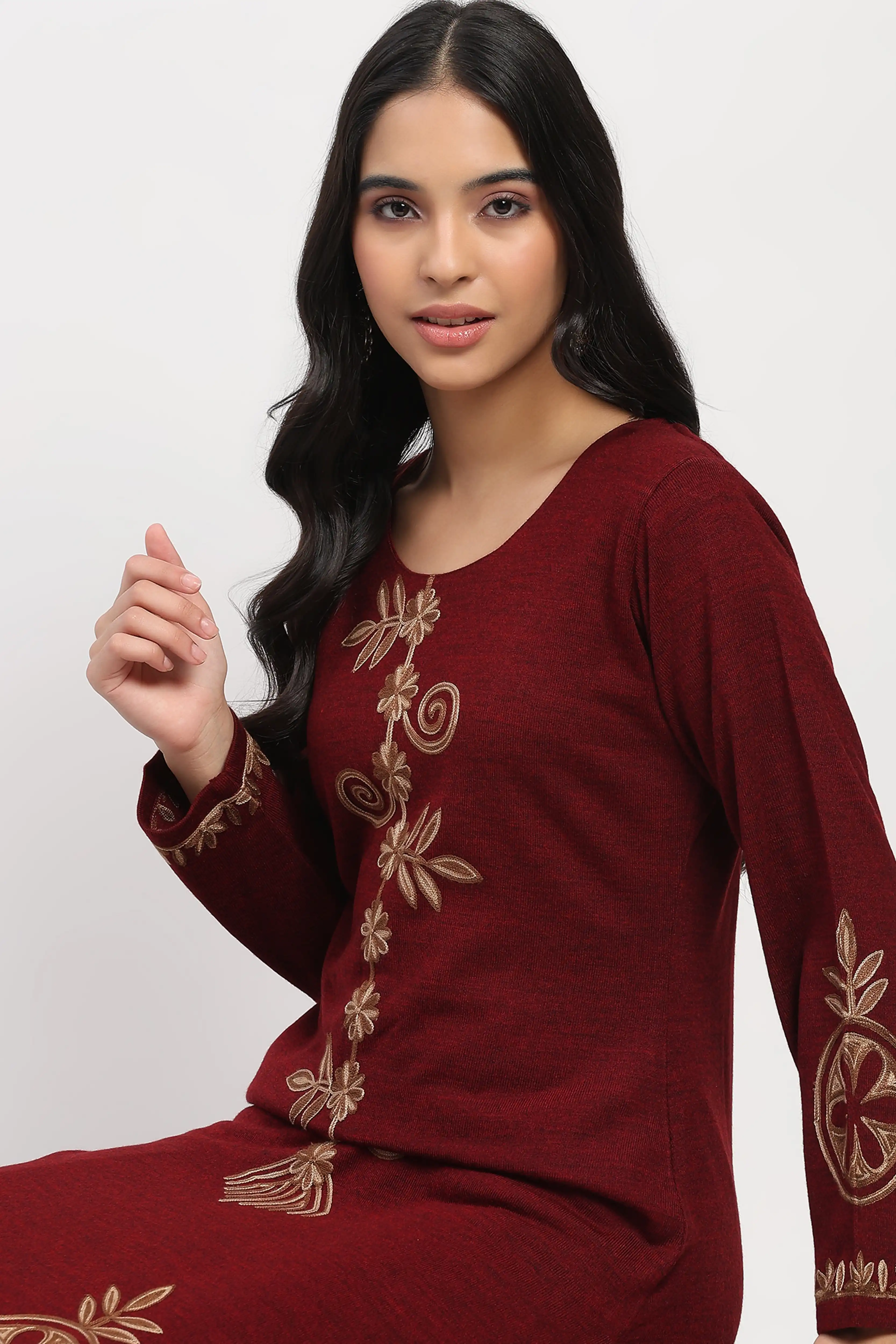 Dark Maroon Embroidered Winter Kurta - Image 7