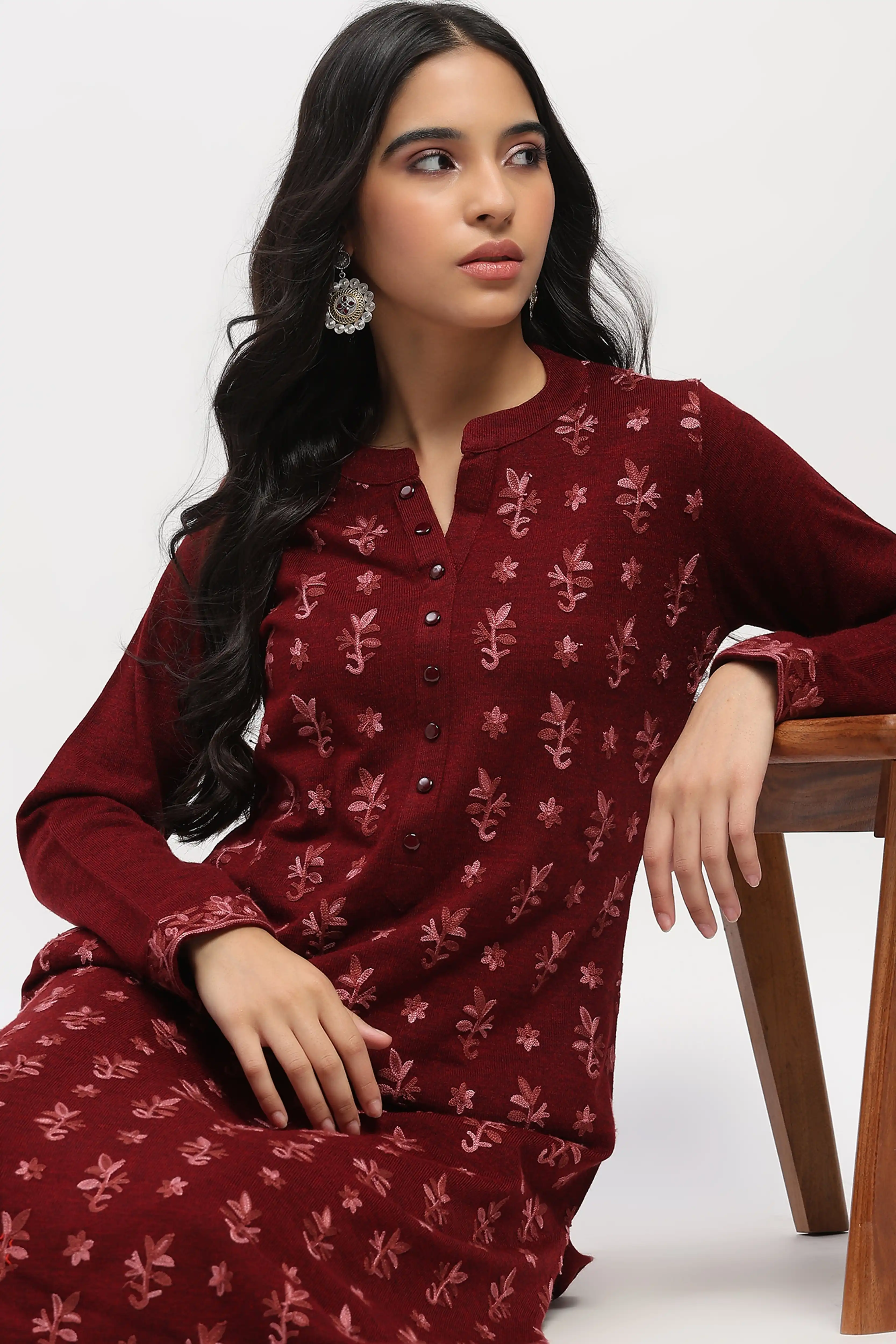 Dark Maroon Floral Embroidered Winter Kurta - Image 7
