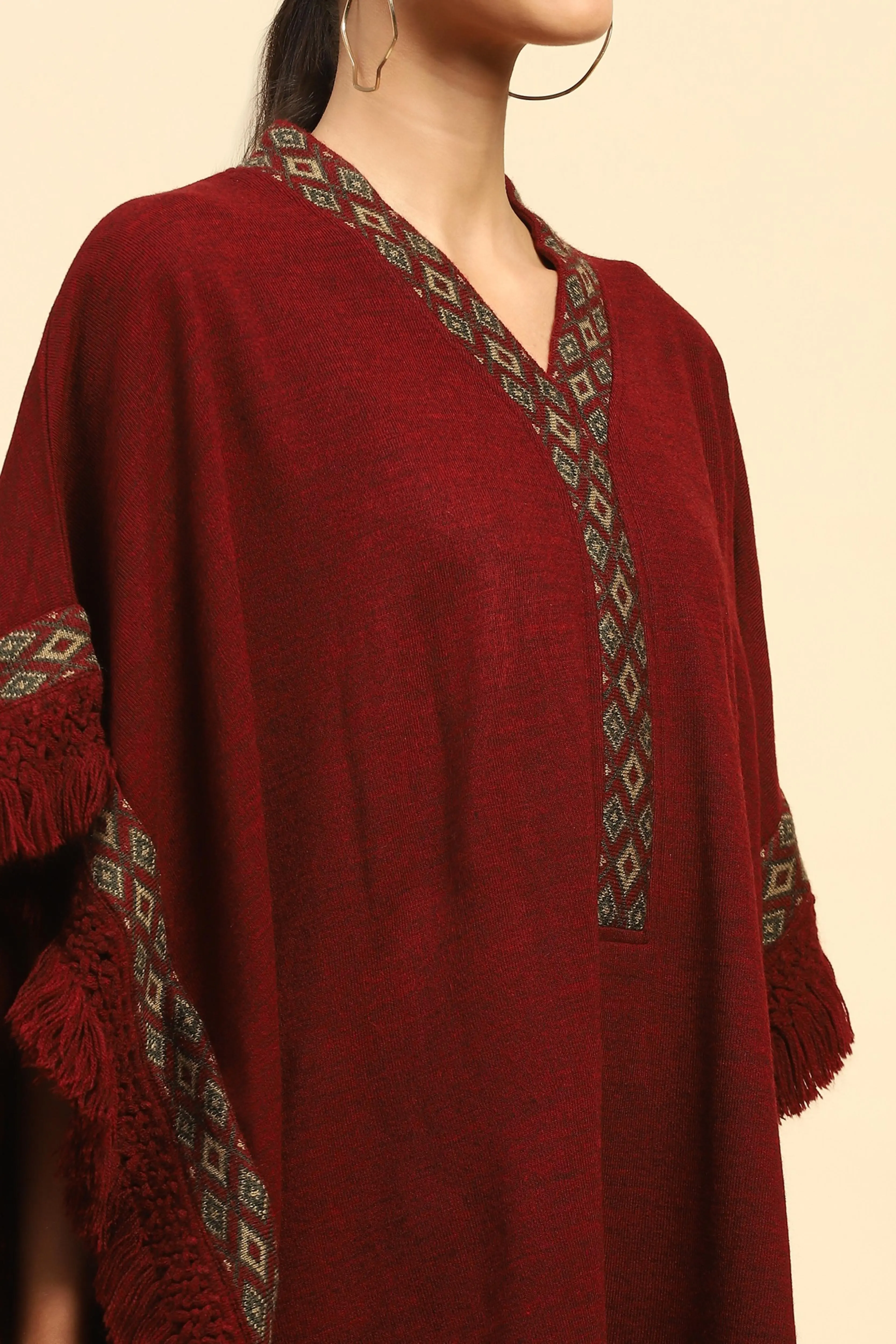 Maroon Woolen Embroidered Cape - Image 5