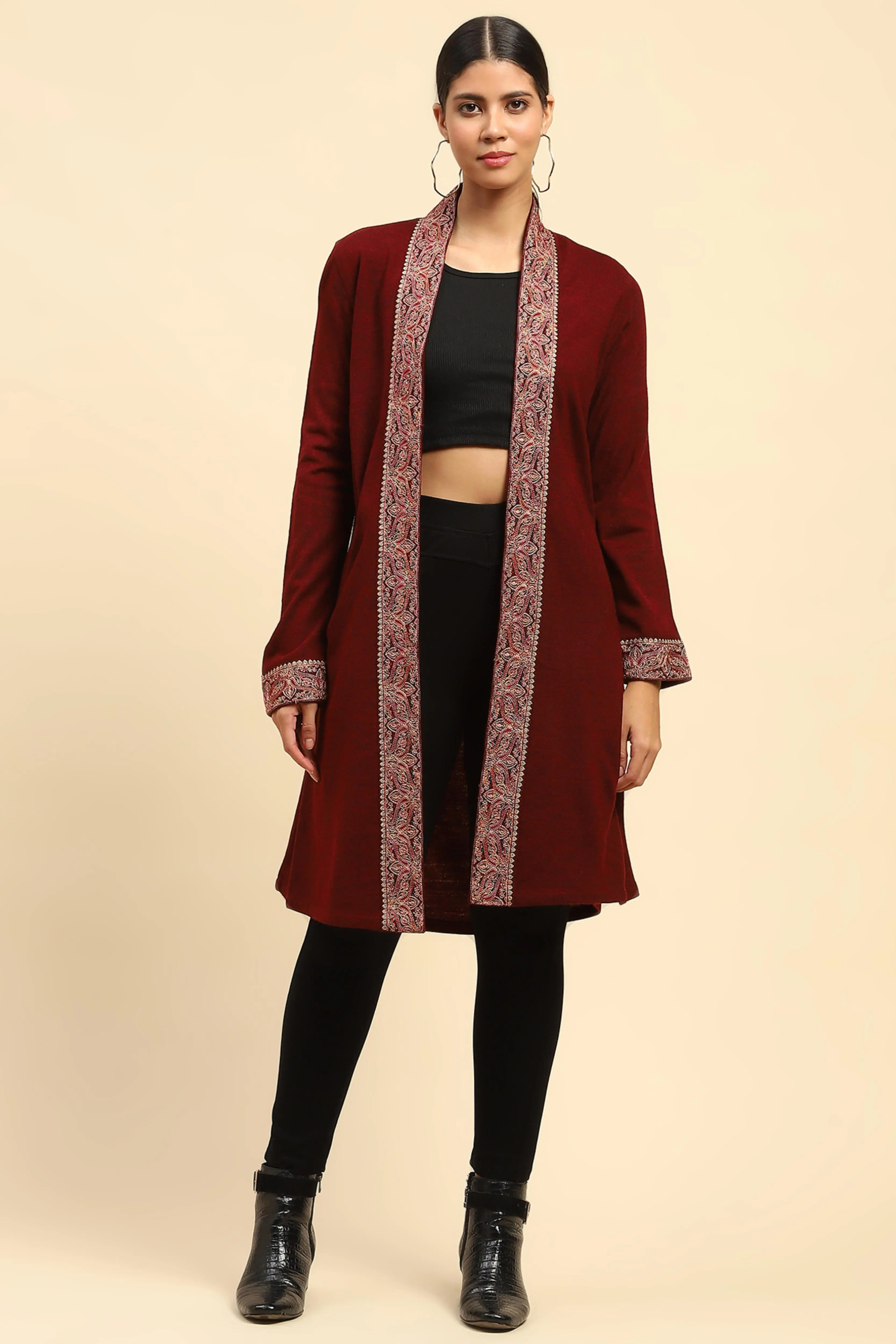 Maroon Woolen Embroidered Ethnic Shrug