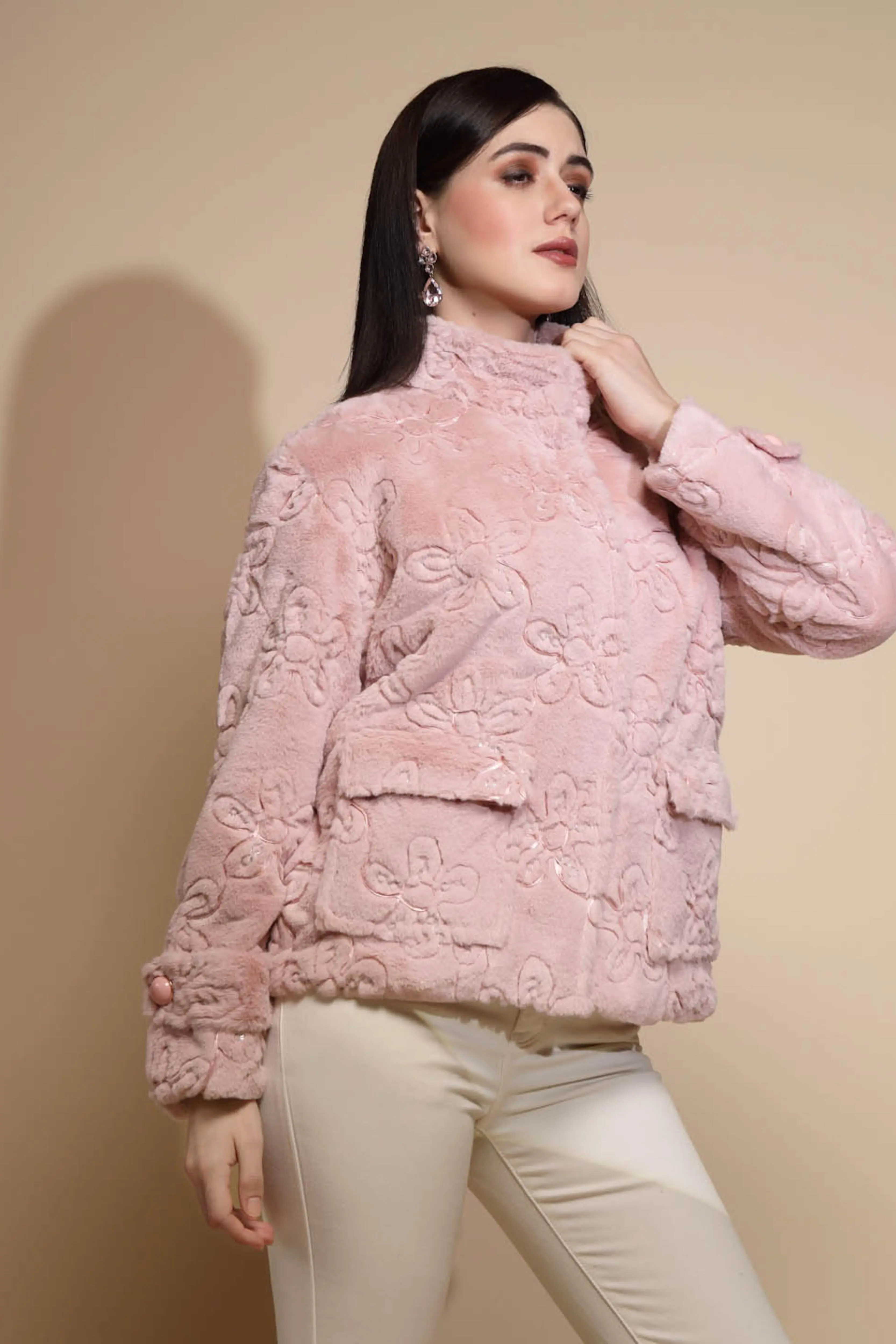 Pink Embroidered Woolen Jacket - Image 3