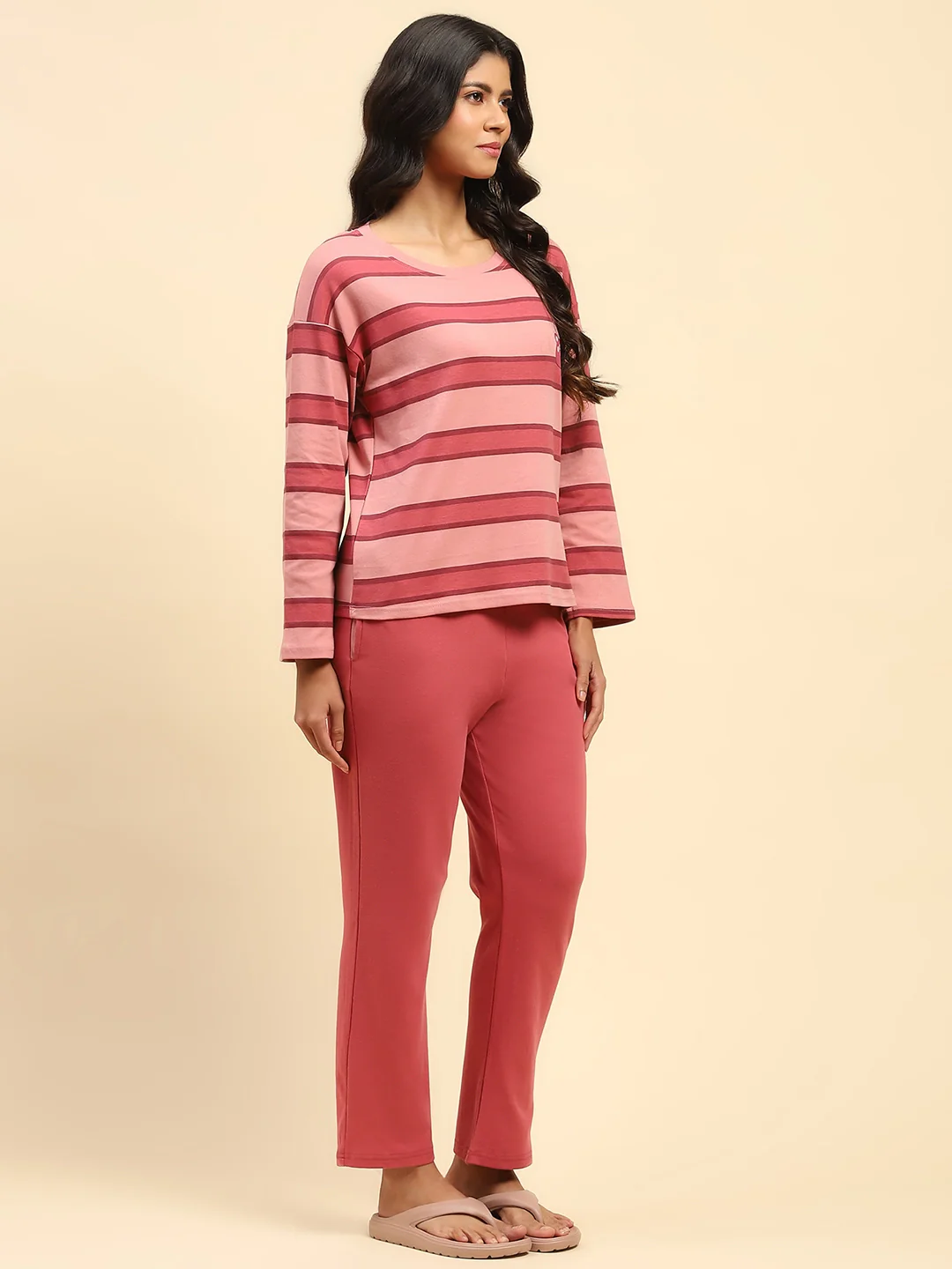 Dark Pink Striped Cotton Nightsuit - Image 8
