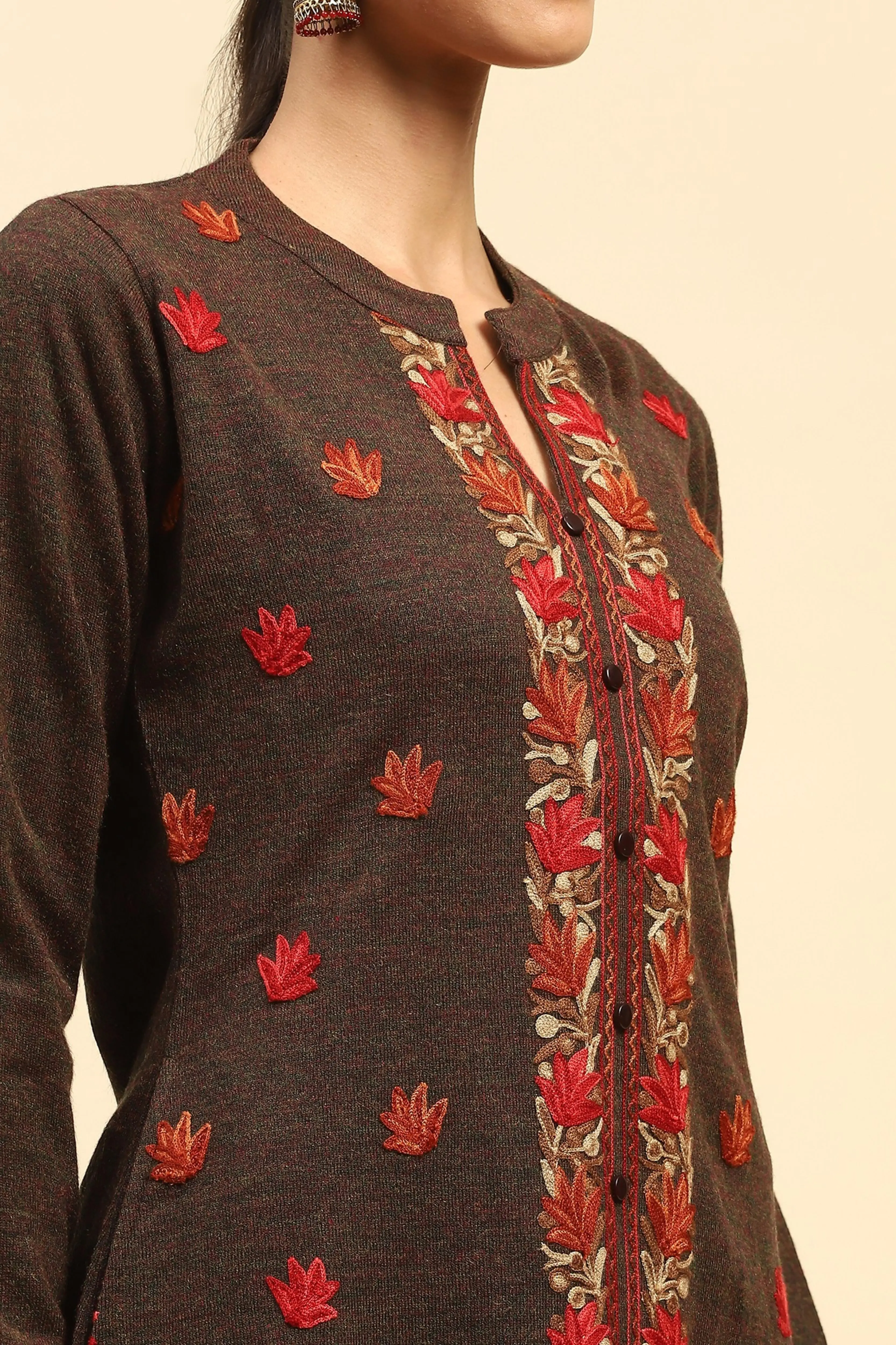 Dark Rust Woolen Embroidered kurta - Image 5