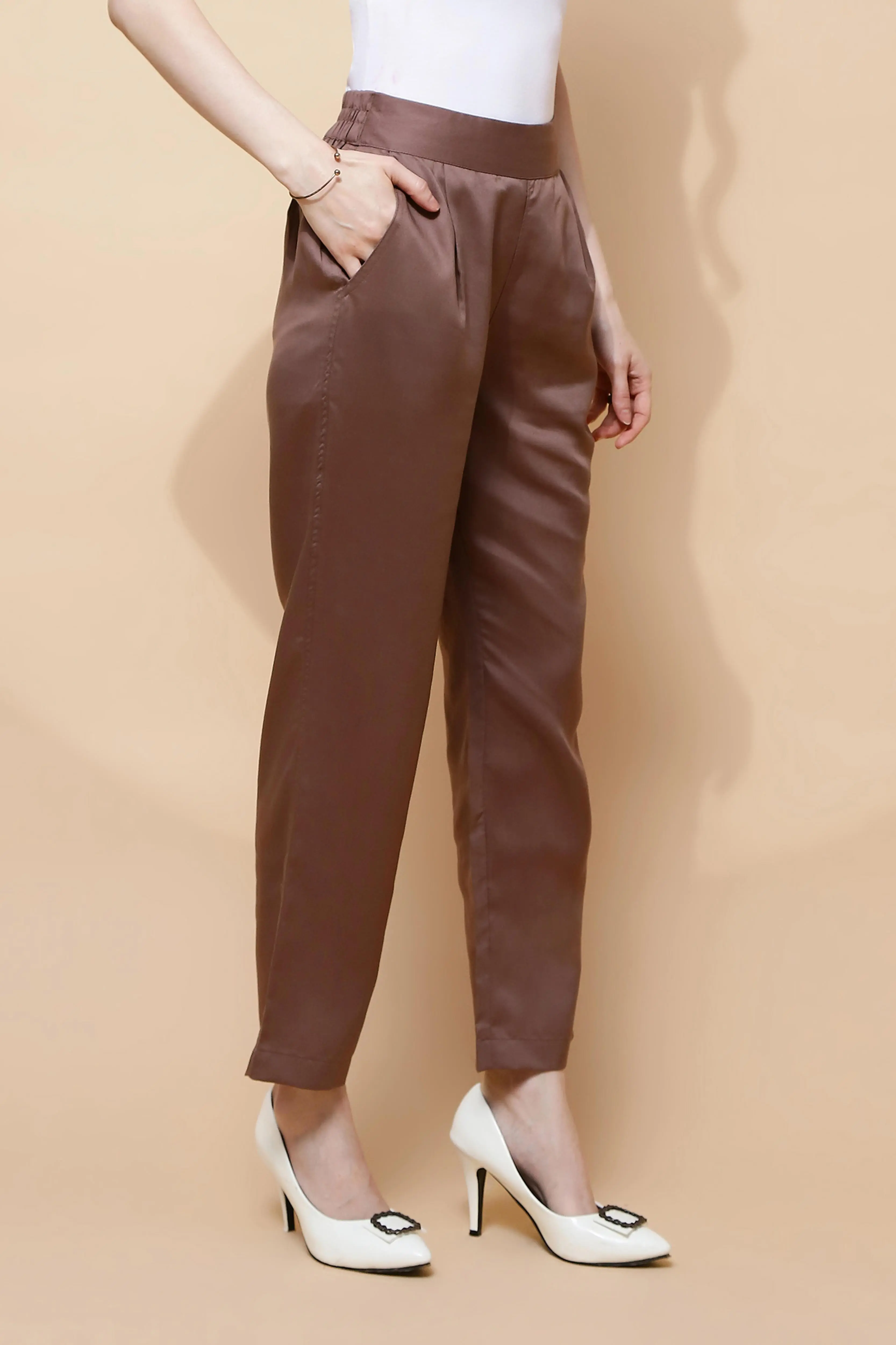 Brown Cotton Viscose Straight Fit Pants - Image 3