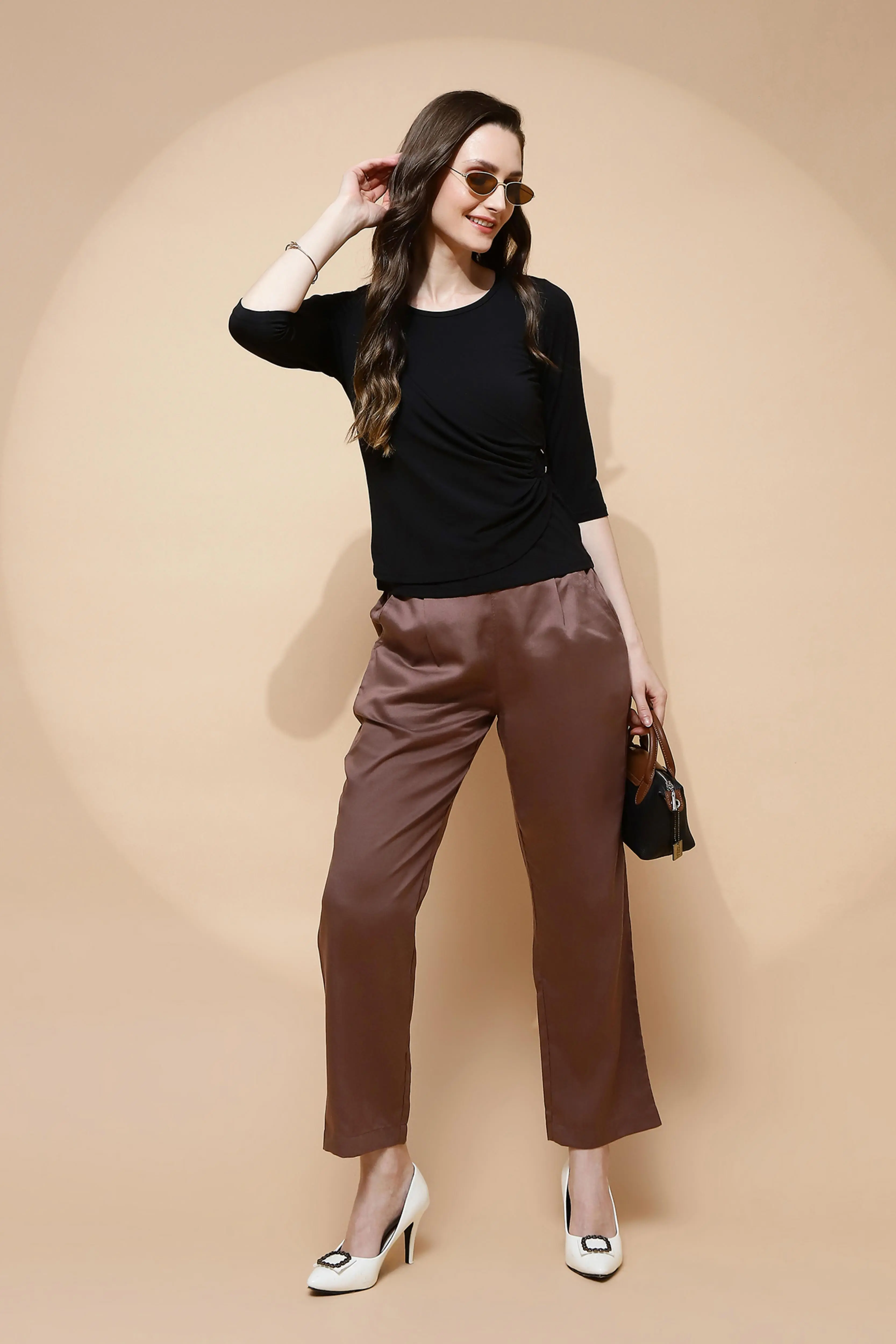 Brown Cotton Viscose Straight Fit Pants - Image 8