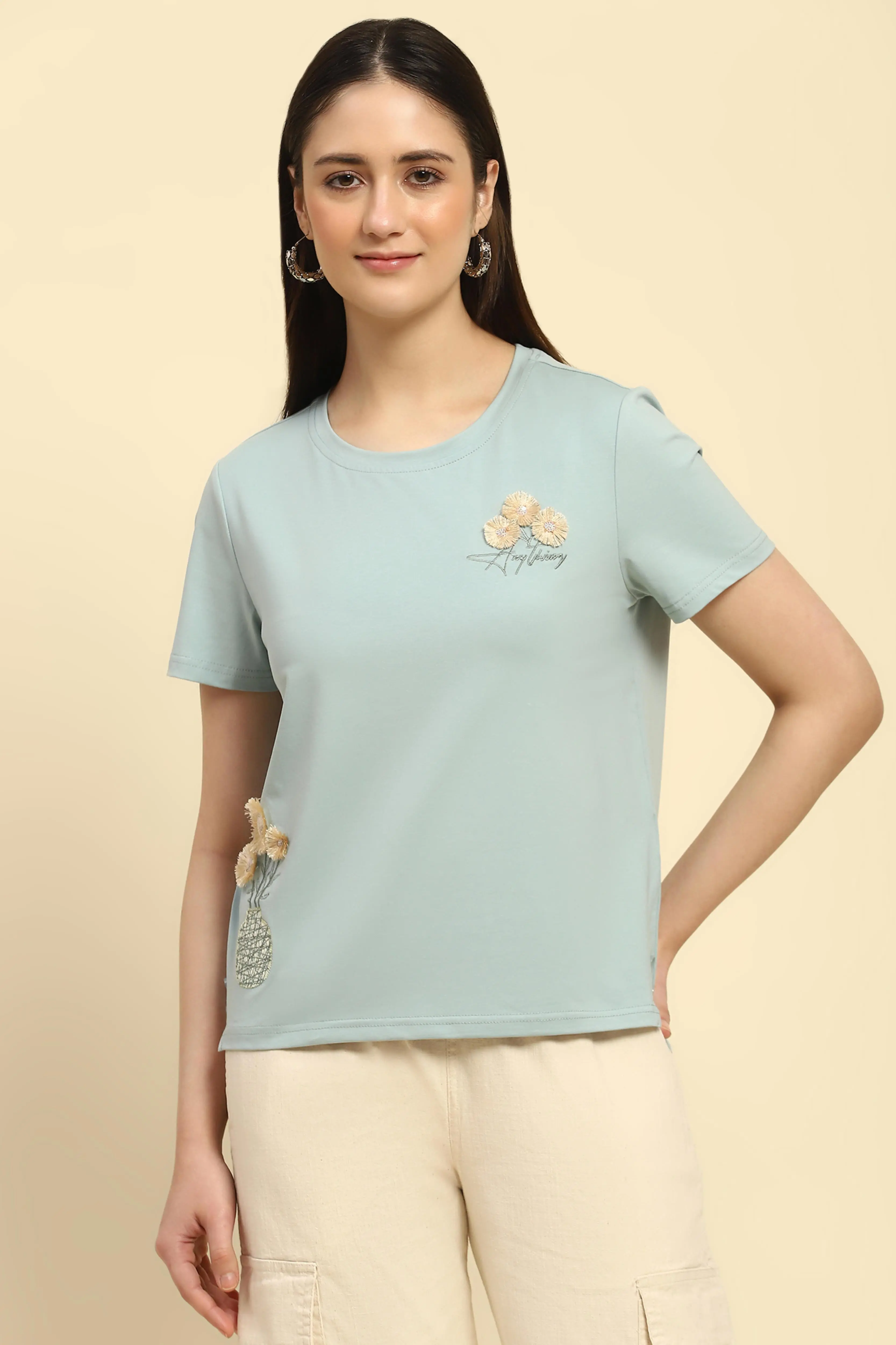 Dusty Blue Embroidered Cotton Top