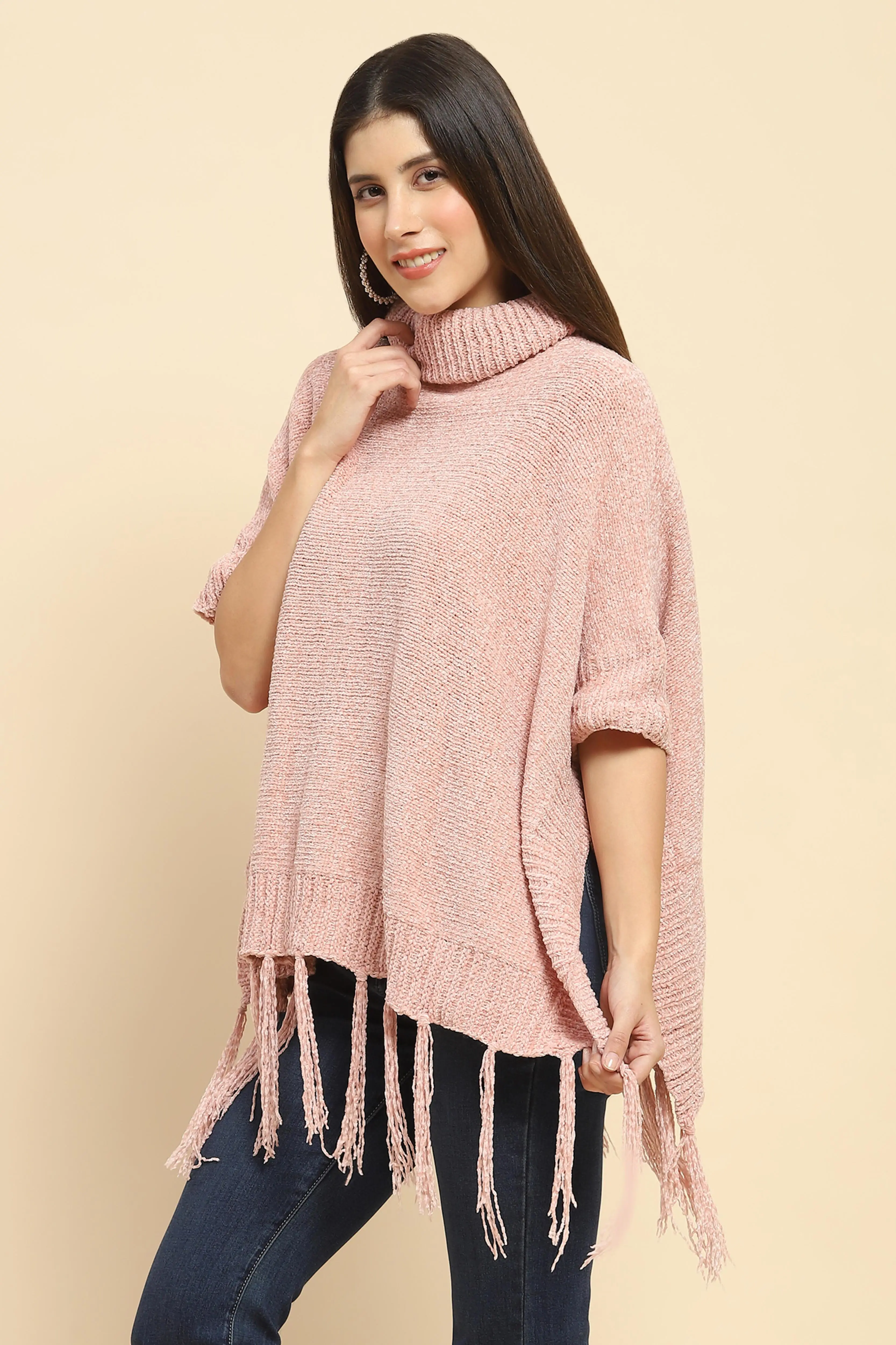 Pink Wool Blend Knit Loose Poncho - Image 2