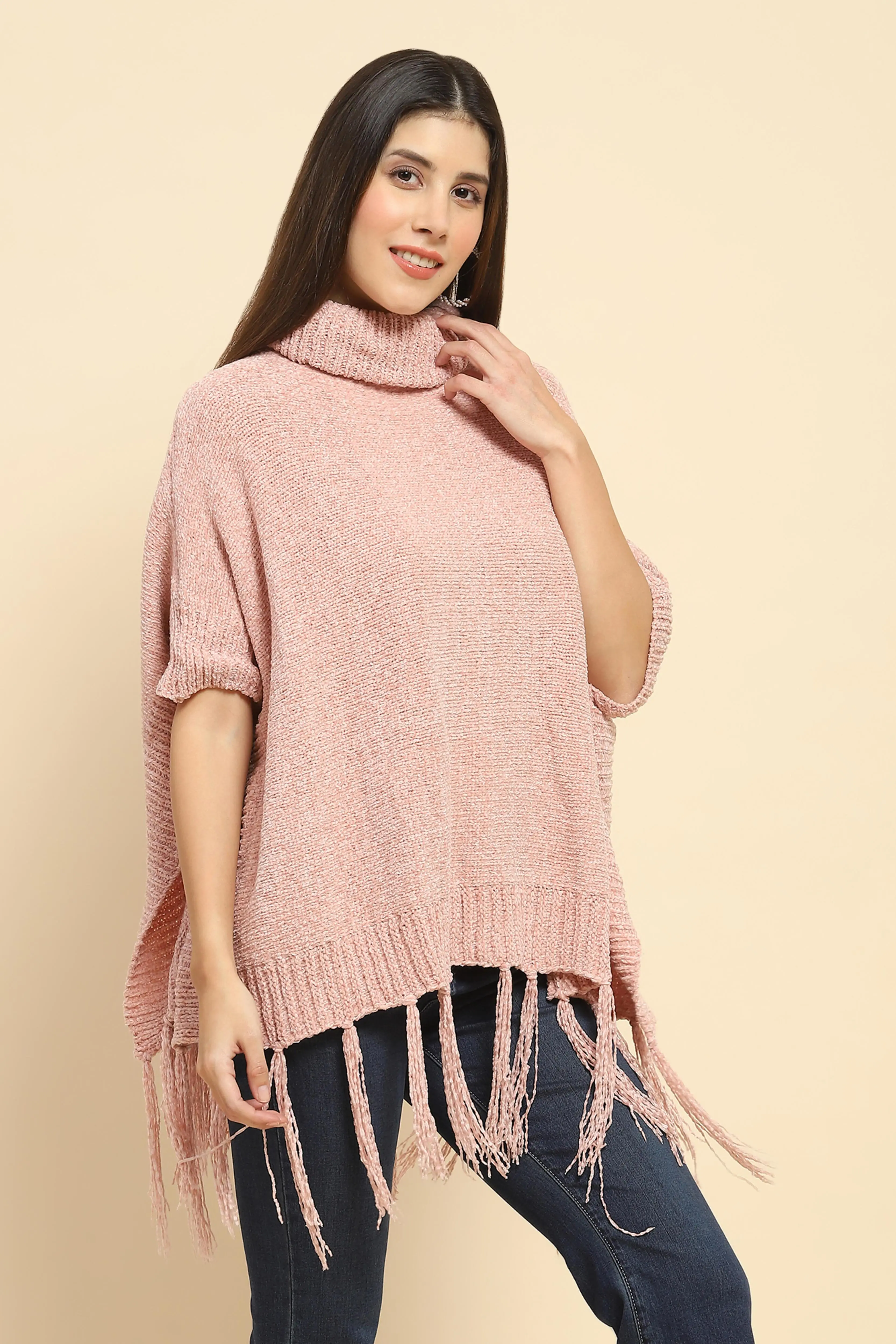 Pink Wool Blend Knit Loose Poncho - Image 3