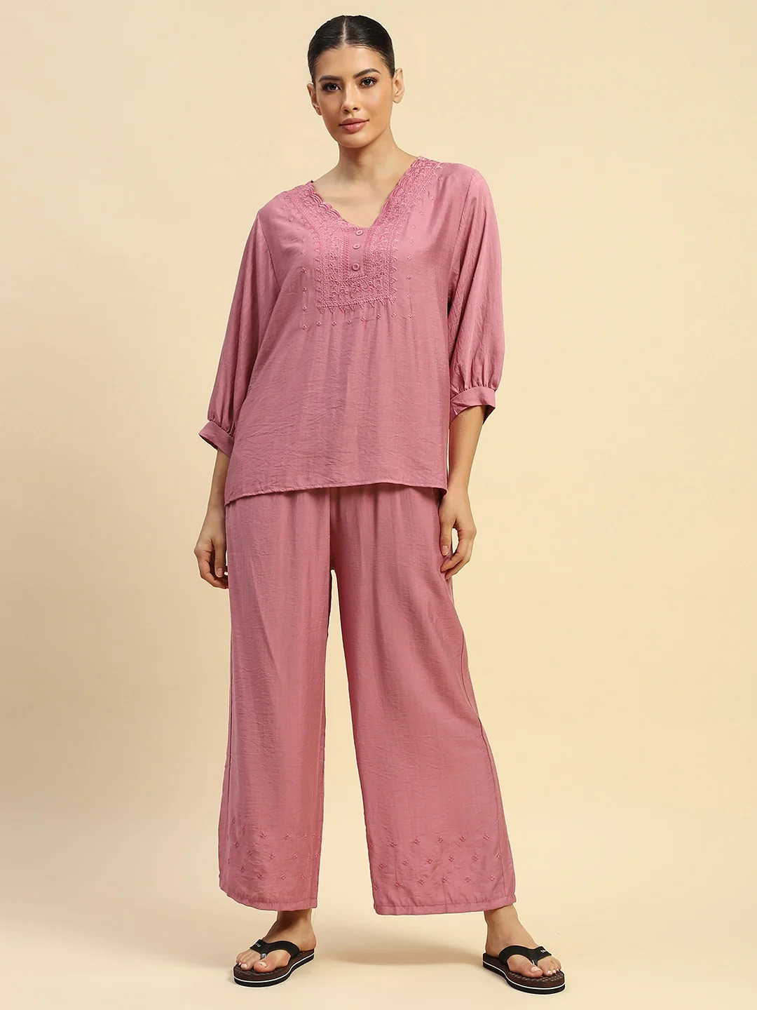 Dusty Pink Rayon Relaxed Fit Nightsuit - Image 7