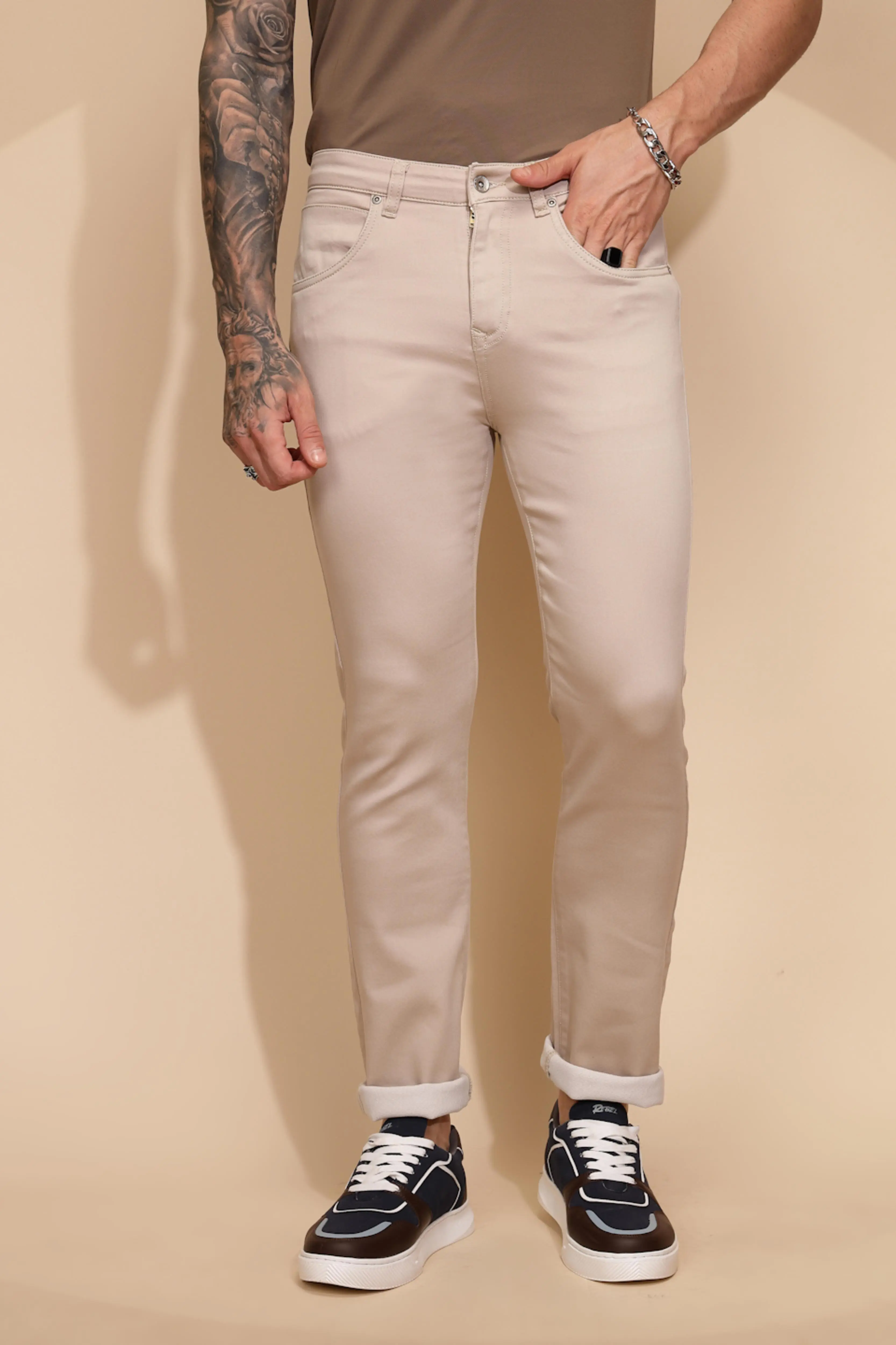 Fawn Cotton Blend Straight Fit Trouser
