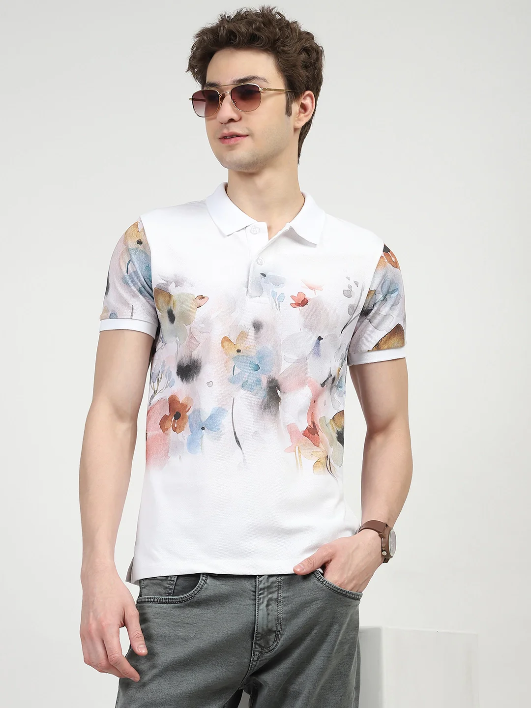 White Floral Print Polo T-Shirt - Image 12